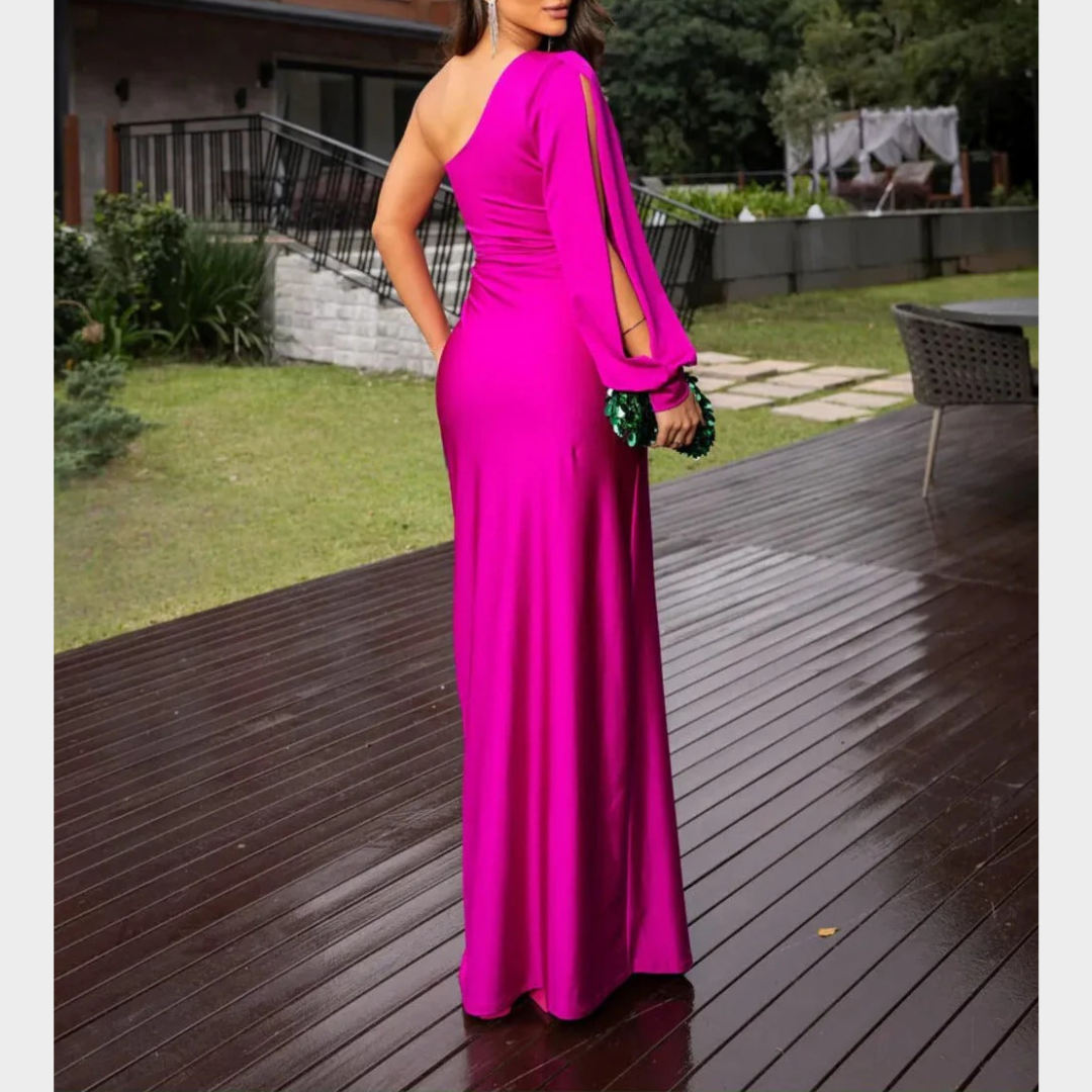 Women Evening Maxi Dress – Elegant Party Long Dress with Backless Split Design and Diagonal Collar Tight Waist Silhouette – Multiple Colours