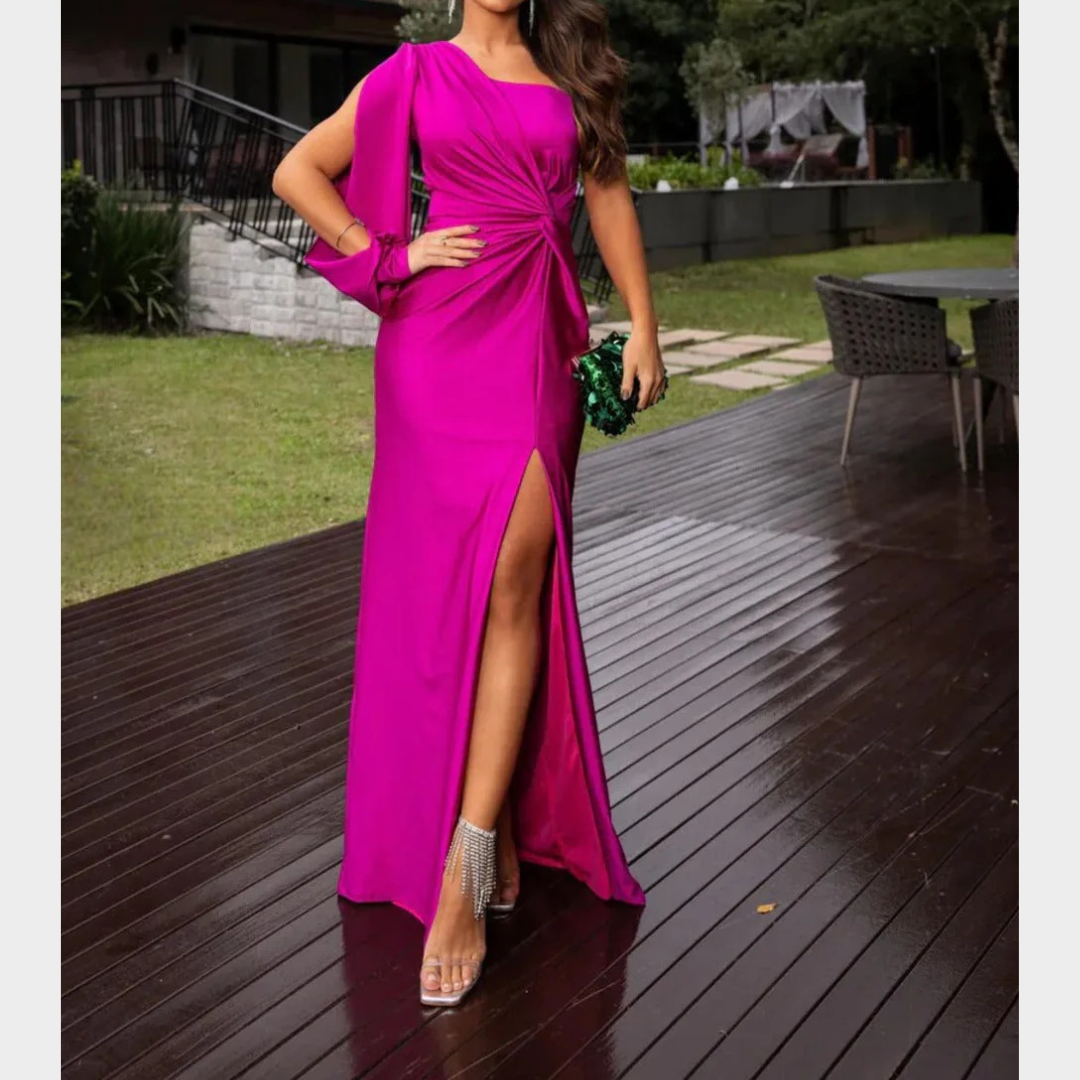 Women Evening Maxi Dress – Elegant Party Long Dress with Backless Split Design and Diagonal Collar Tight Waist Silhouette – Multiple Colours