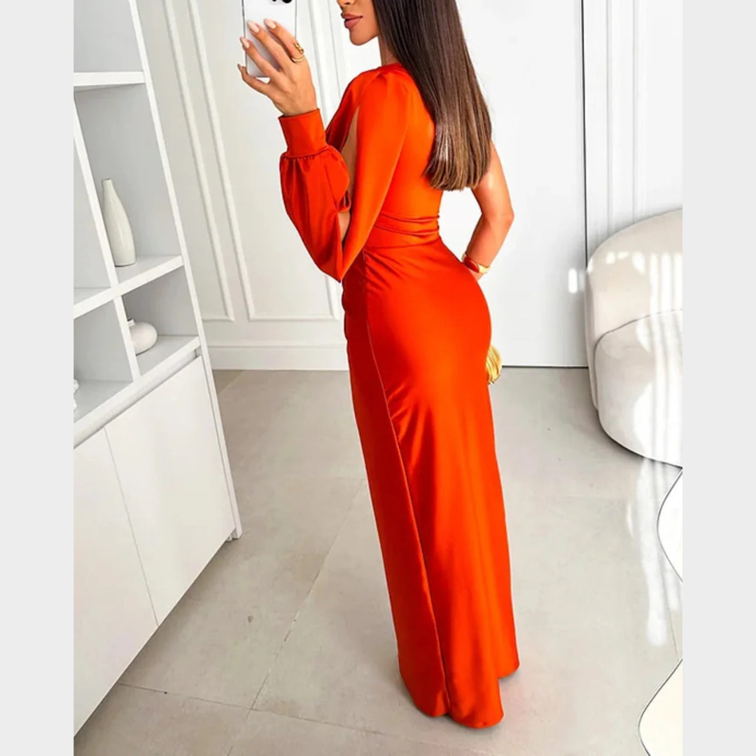 Women Evening Maxi Dress – Elegant Party Long Dress with Backless Split Design and Diagonal Collar Tight Waist Silhouette – Multiple Colours