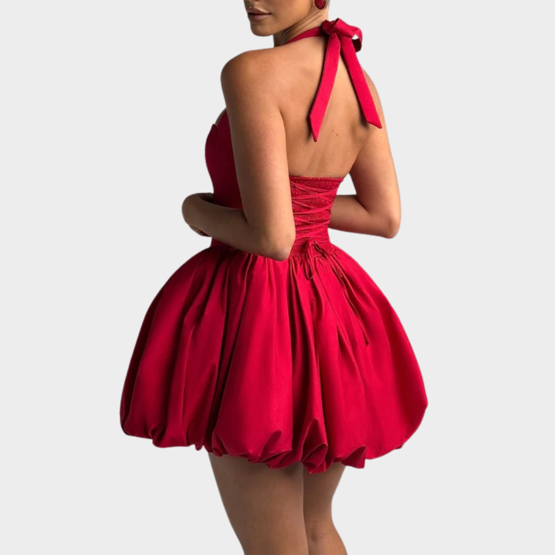Women’s Mini Dress – Square Halter Neckline – Puffball Skirt – Lace Up Back – Princess Seam Detailing – Premium Cotton Blend – Multiple Colours