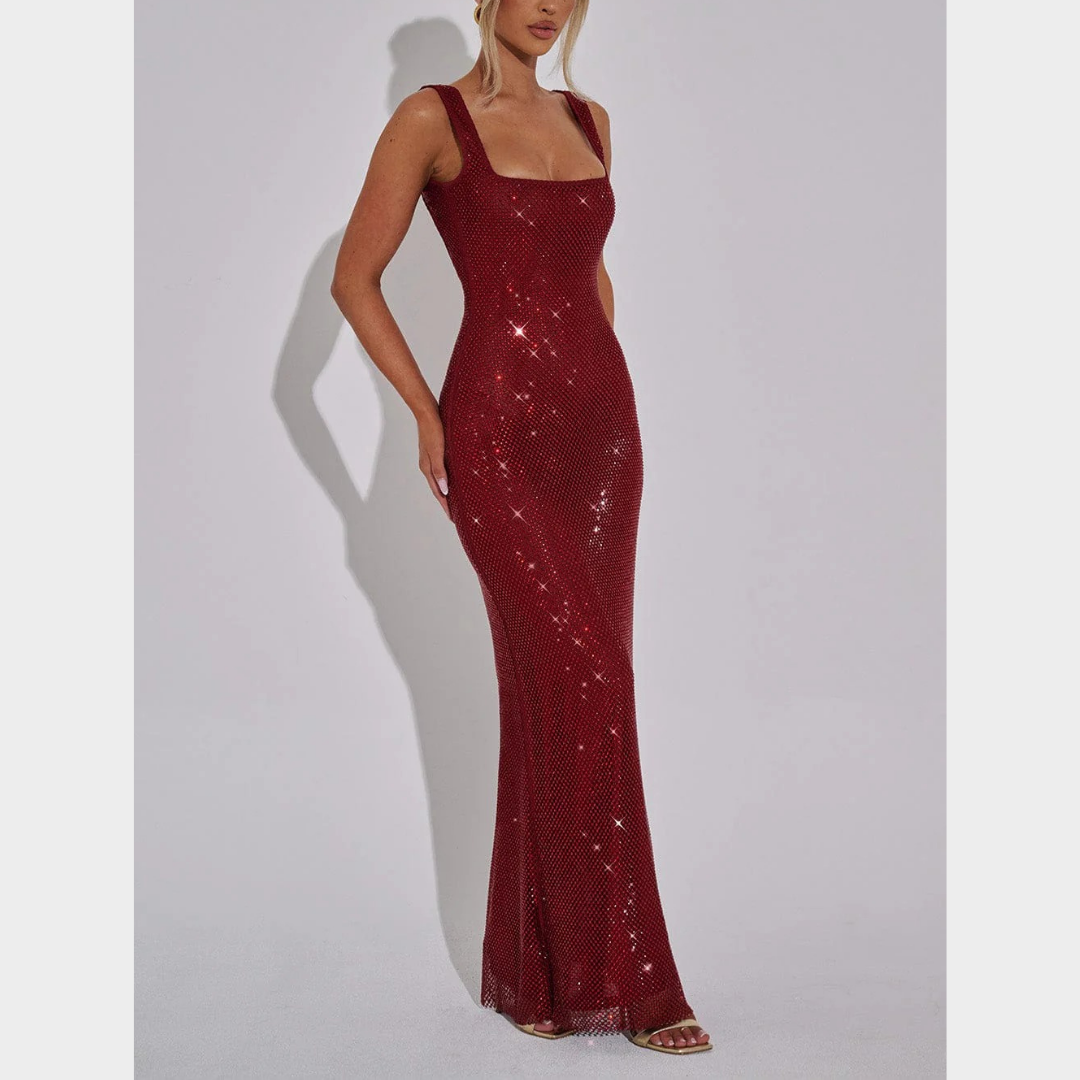 Women Petra Maxi Dress – Elegant Evening Long Dress with Rhinestone Embellished Stretch Net and Square Neckline – Multiple Colours