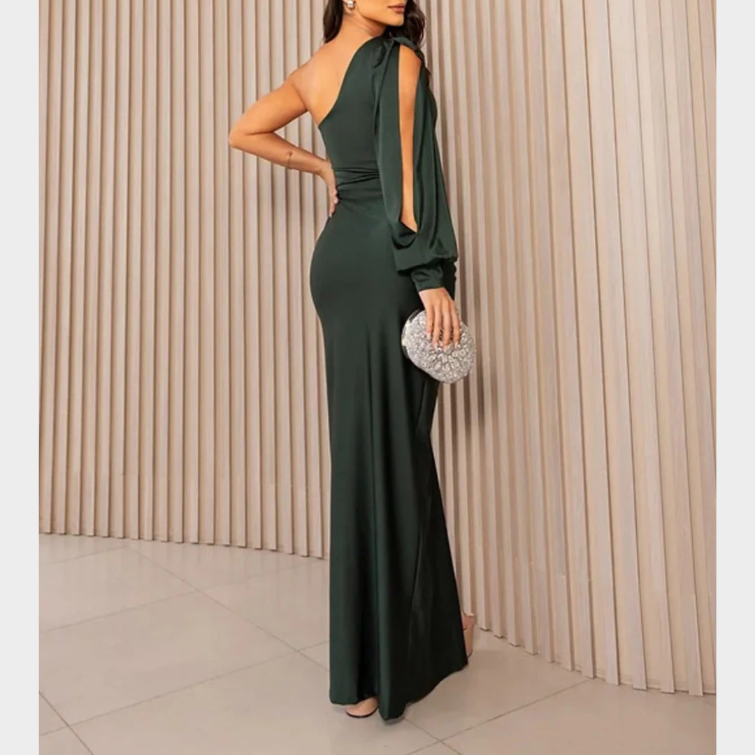 Women Evening Maxi Dress – Elegant Party Long Dress with Backless Split Design and Diagonal Collar Tight Waist Silhouette – Multiple Colours