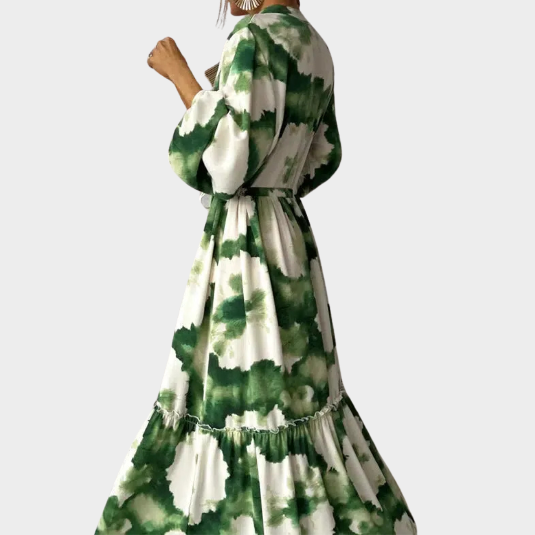 Women’s Boho Maxi Dress – V Neck Long Sleeve A-Line Tie Dye Pleated Fit – Lightweight Tie-Up Waist – Green