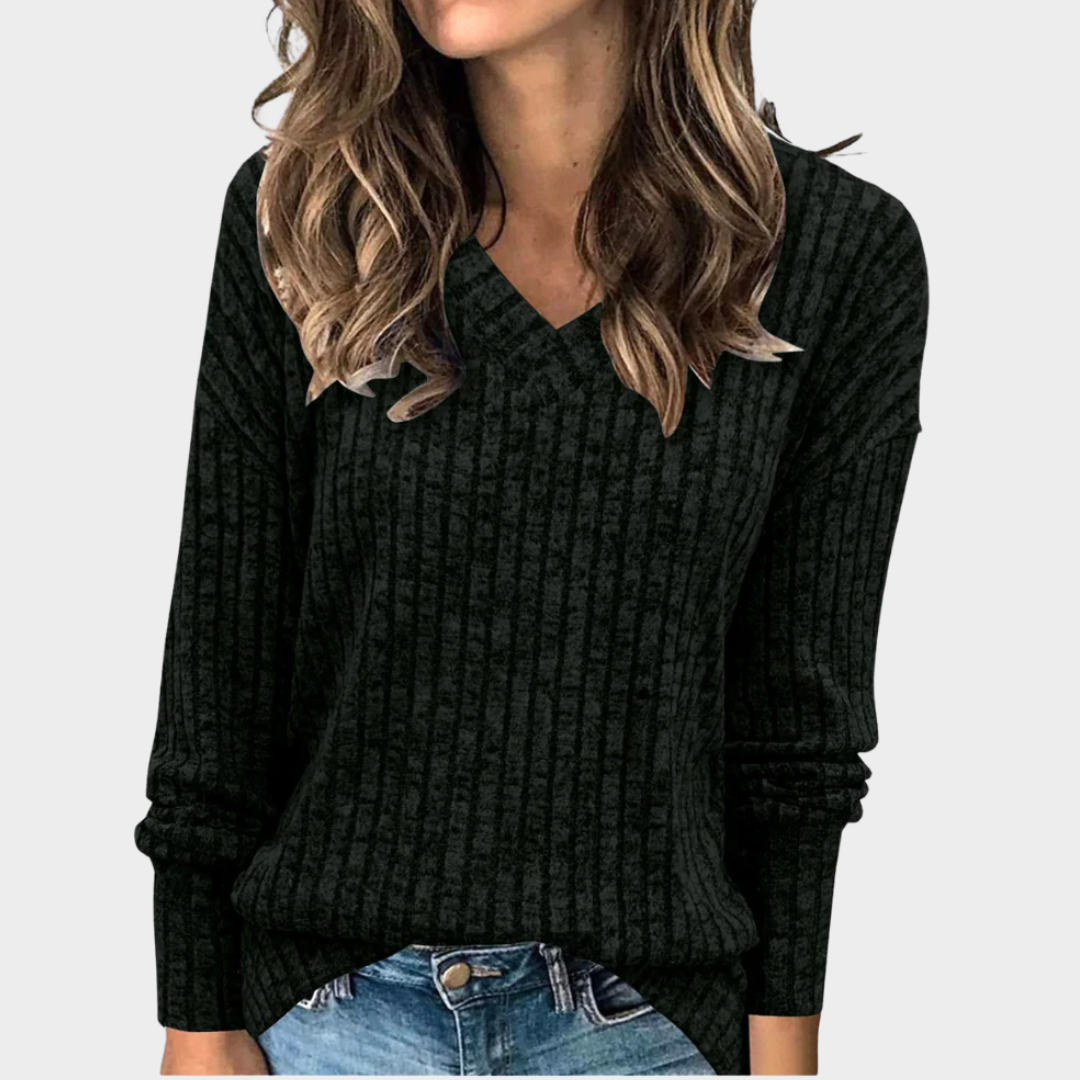 Women Knitted Sweater – Long Sleeve T Shirt Style with Pit Stripe and V Collar – Lightweight Polyester Blend – Multiple Colours