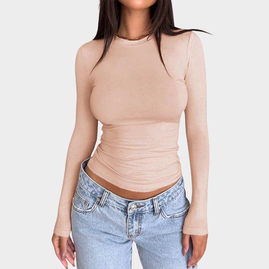 Women Round Neck Long Sleeve Top – Casual Slim Fit Pullover – Soft Solid Knit Shirt – Multiple Colours