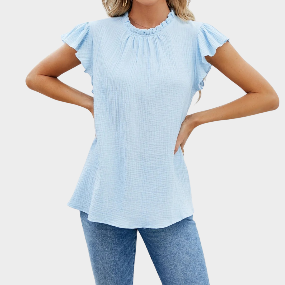 Women’s Short Sleeve Top – Relaxed Fit – Pleated Neck – Ruffle Sleeve – Comfortable Fiber Blend – Multiple Colours