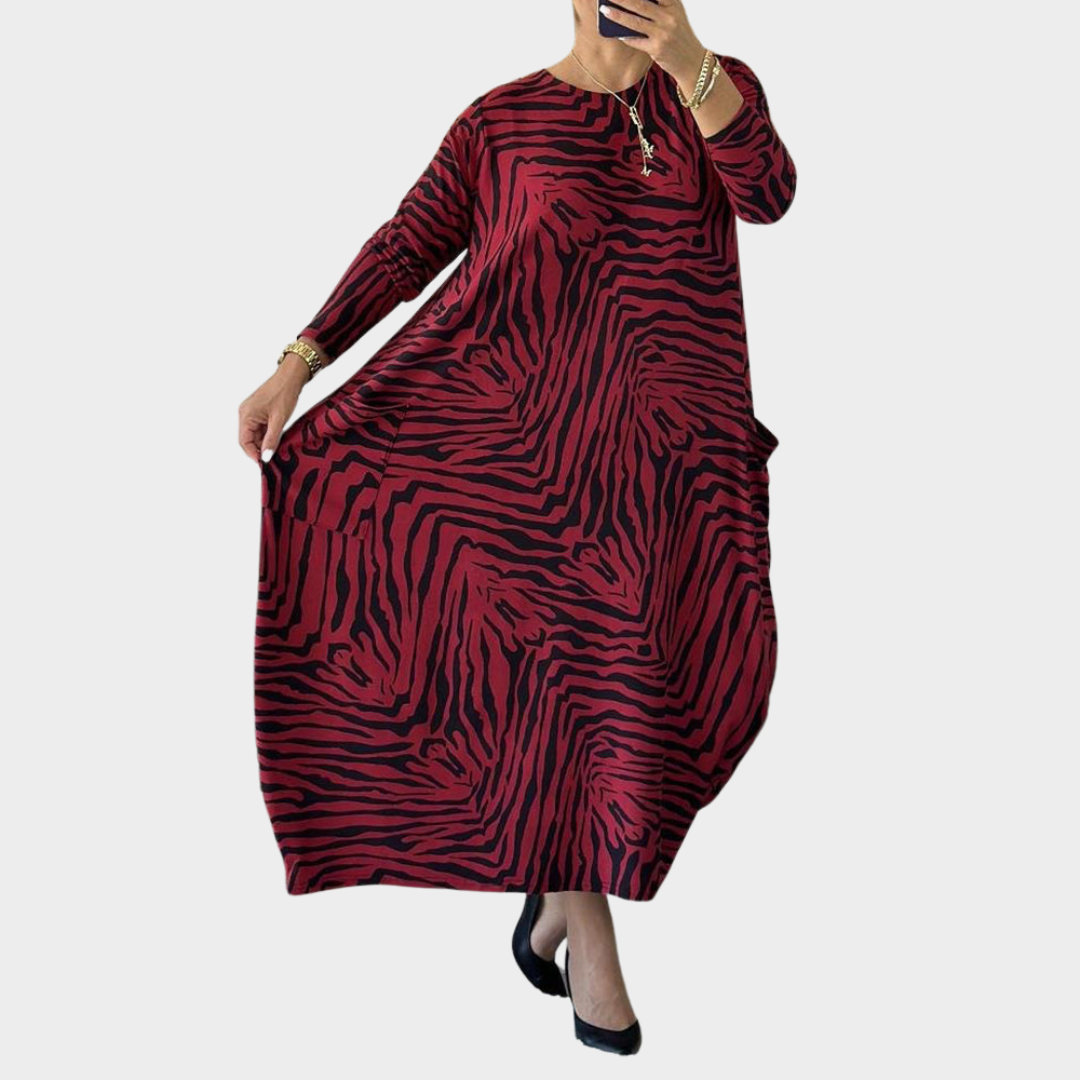 Women's Maxi Dress – Long Sleeve O Neck – Leopard Print – Ankle Length with Pockets – Multiple Colours
