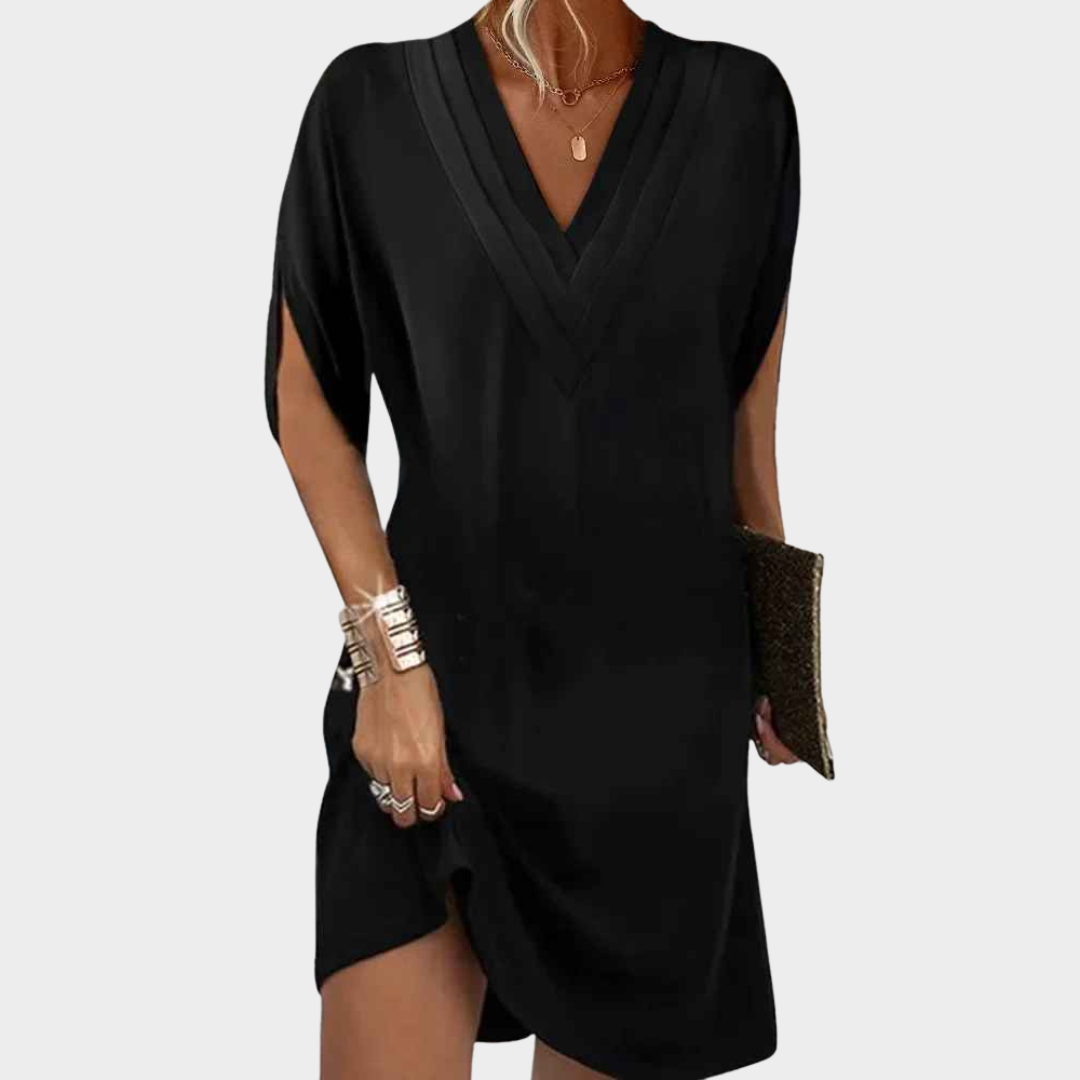 Women V-Neck Pleated Dress – Bat Sleeve Loose Fit Solid Colour Elegant Style – Multiple Colours
