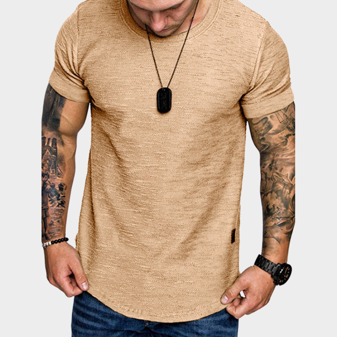 Men's Round Neck T-Shirt - Short Sleeve - Solid Colour with Leather Label - Casual & Stylish