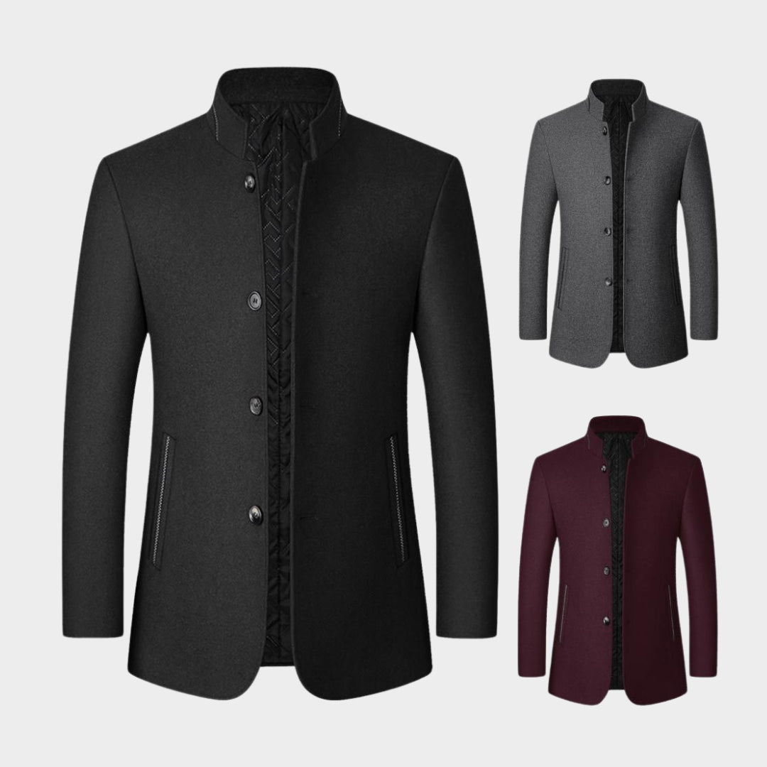 Men's Wool Blend Overcoat - Old Money - Winter Warm Trench Coat, Stand-Up Collar, Wine Red, Black, Grey