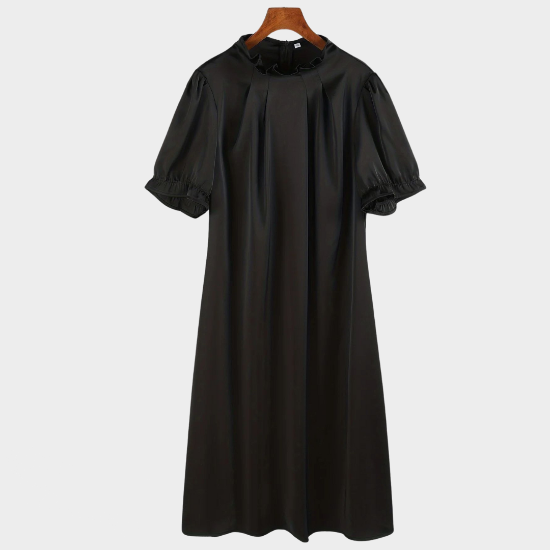 Women's Puff Sleeve Mini Dress – Half Open Collar – Elegant Solid Color – Casual Fit – Black