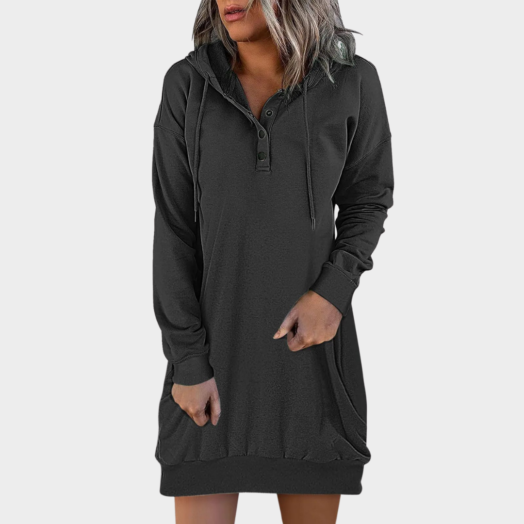 Women's Hooded Sweatshirt Dress – Knee-Length – Long Sleeve – Side Zip Neckline – Casual Sportswear – Pockets – Multiple Colours