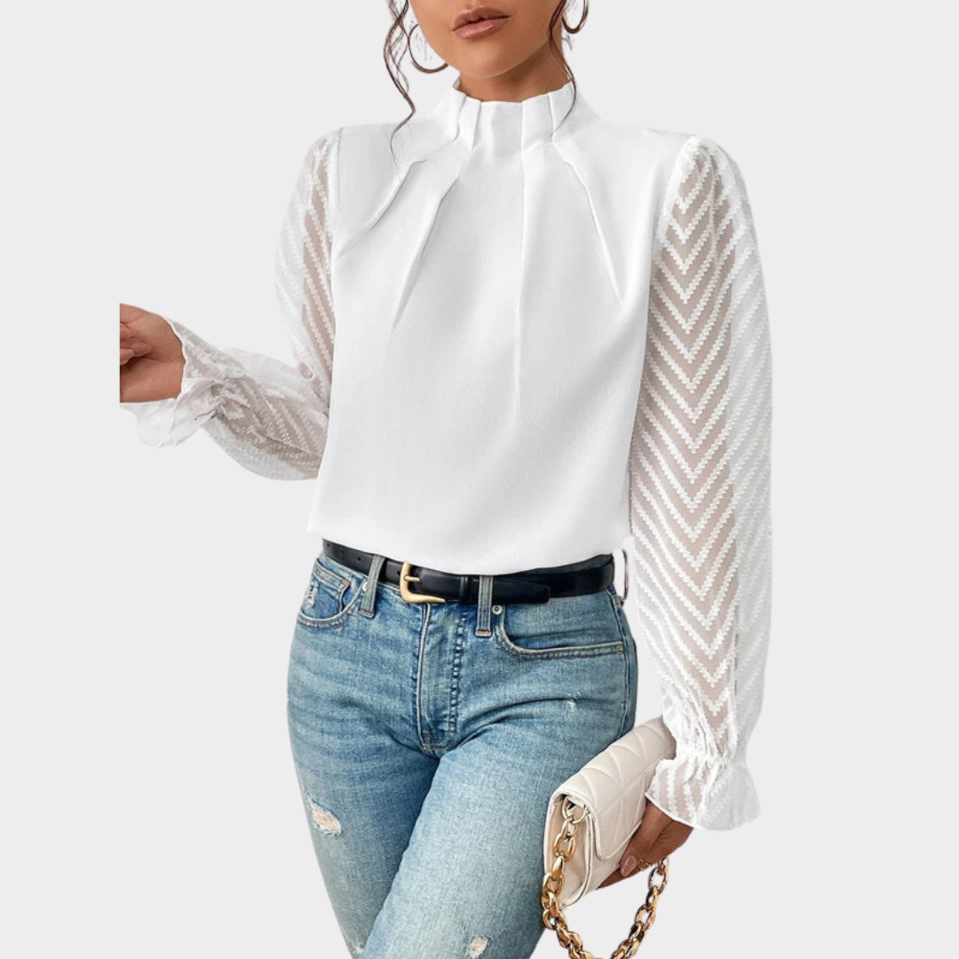 Elegant Women's Lace Blouse – Mock Neck – Long Sleeve – Slim Fit – Chiffon Fabric – Multiple Colours