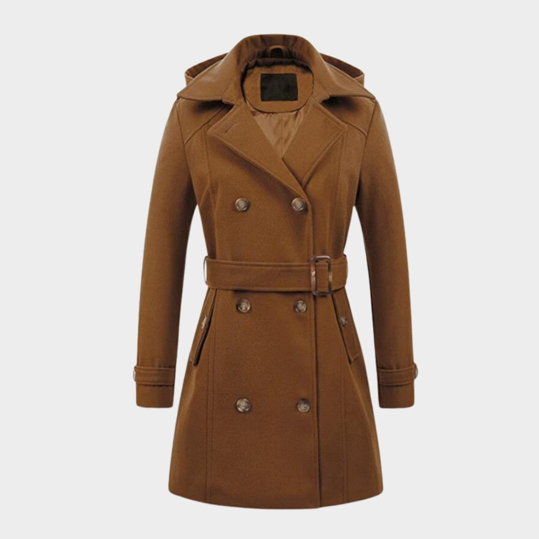 Women's Hooded Double-Breasted Overcoat – Mid-Length, Woolen Lapel Collar, Winter Coat, Black, Army Green, Camel