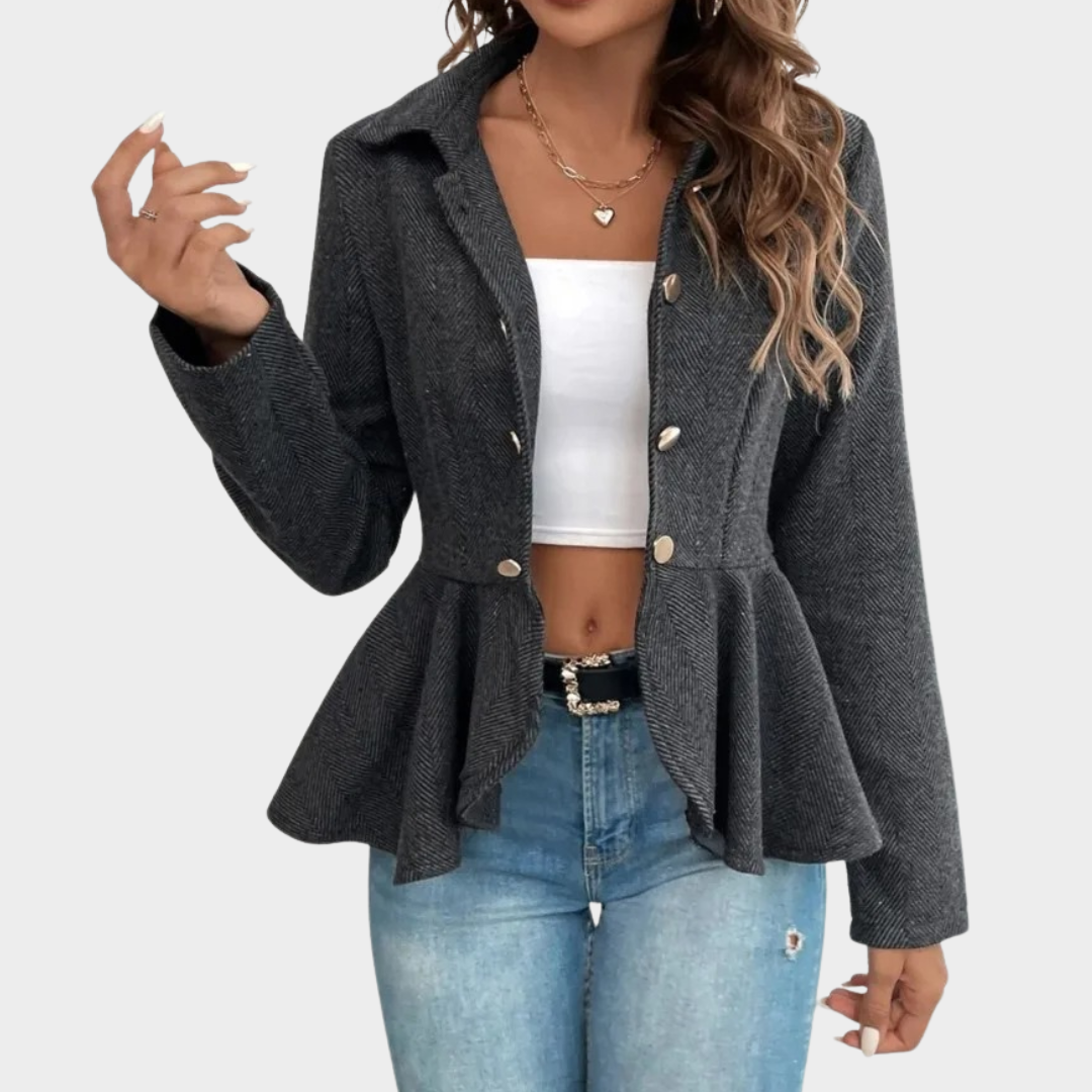 Women's Double Breasted Coat – Slim Fit Jacquard Lapel Jacket with Ruffled Long Sleeves – Multiple Colours