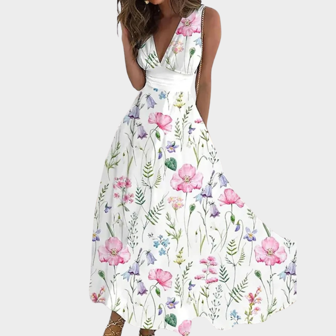 Women’s Bohemian V-Neck Sleeveless Dress – High Waist Printed Tank Dress – Lightweight Fabric – Multiple Colours