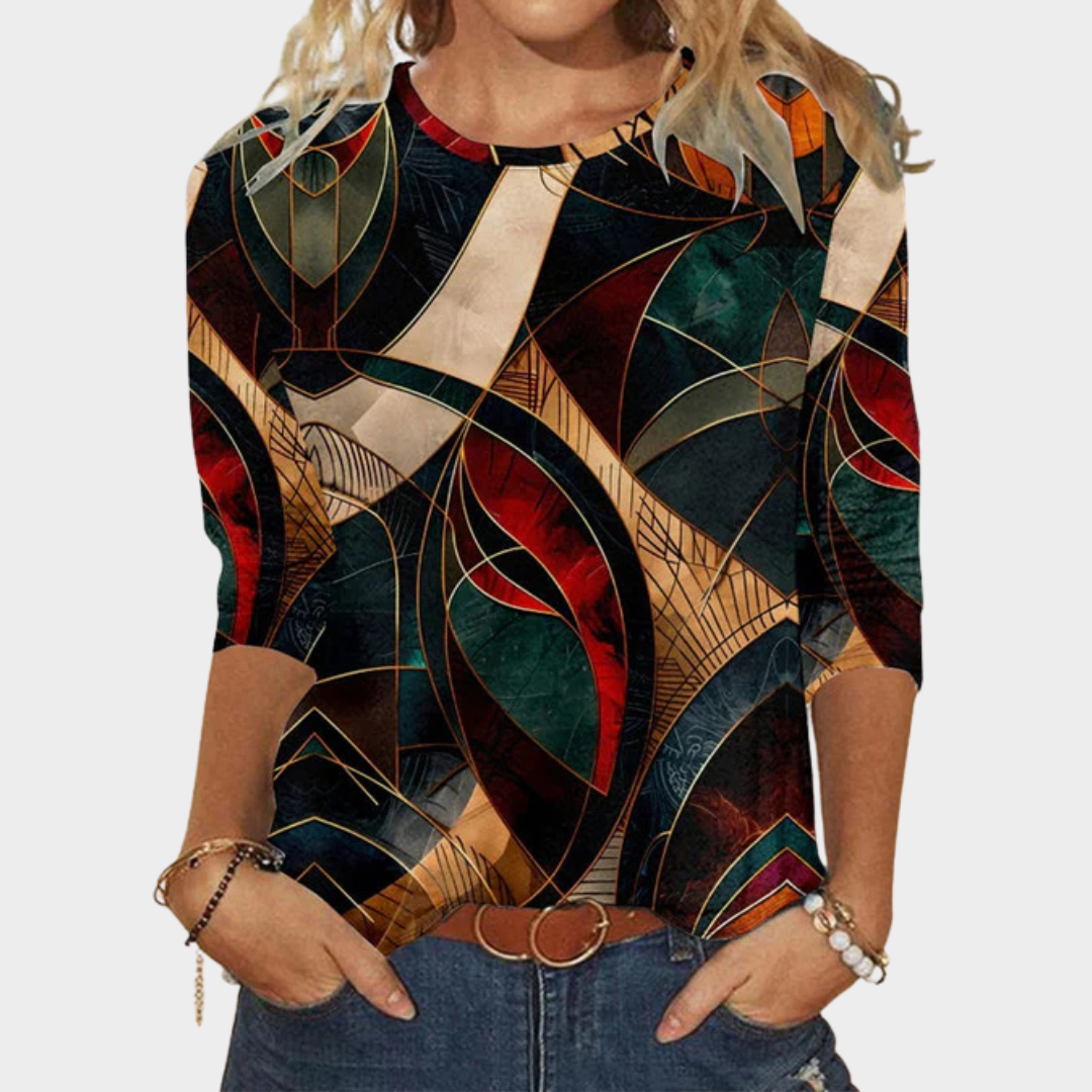 Women’s Abstract Print T-Shirt – Long Sleeve Round Neck Loose Fit Casual Top – Soft Cotton-Polyester Blend – Multicolour