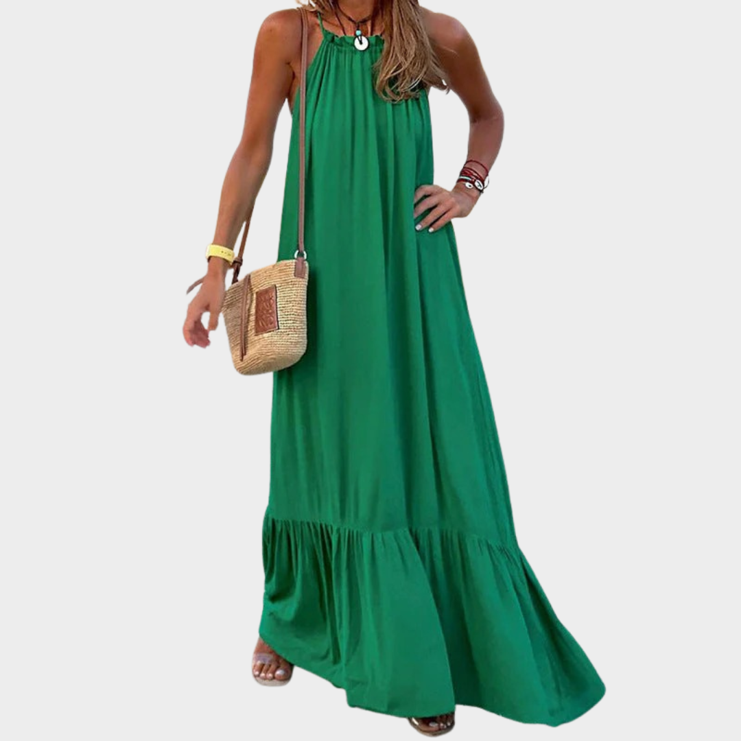 Women Sleeveless Pleated Dress – Loose Fit Spaghetti Strap Halter Style – Lightweight Stitching Detail – Multiple Colours