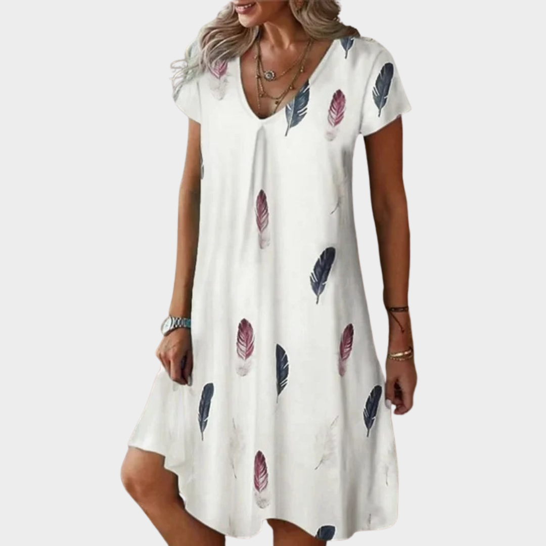 Women Printed Dress – Short Sleeve Pullover – Loose Fit – V-Neck – Lightweight Fabric – Multiple Colours