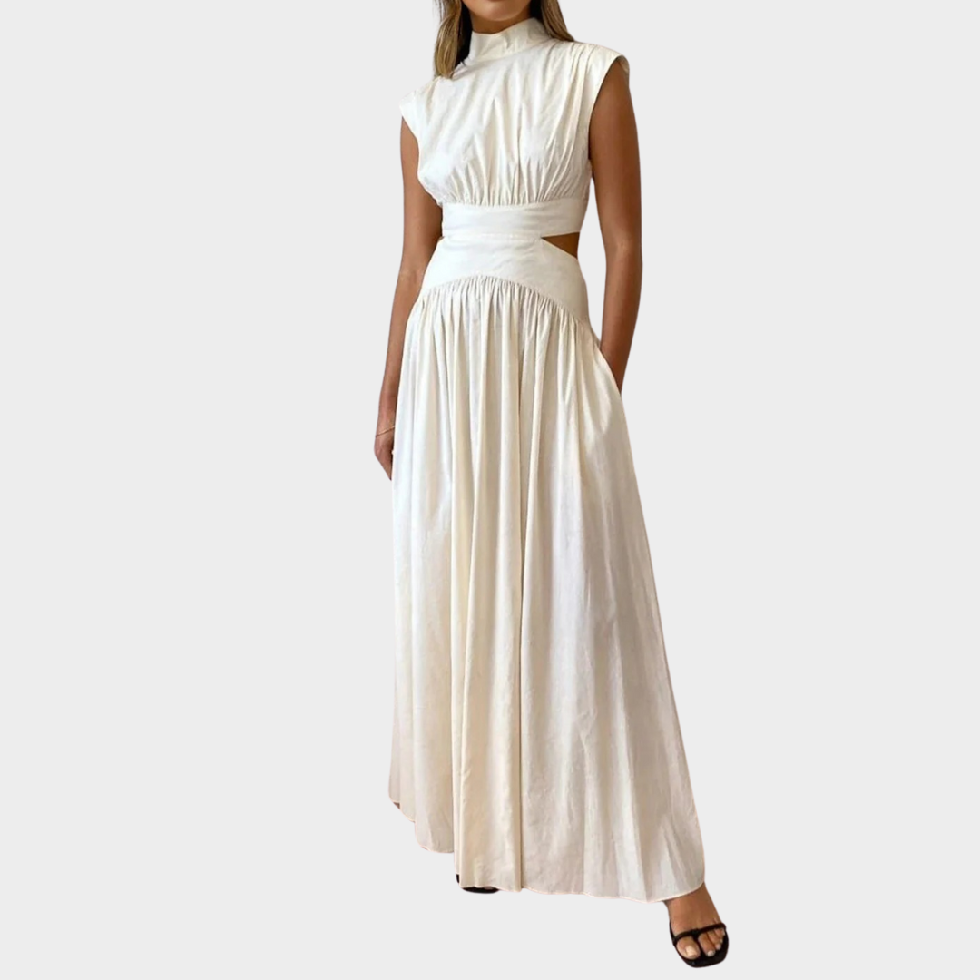 Women’s Sleeveless A-Line Maxi Dress – Solid Colour with Mock Neck and Hollow Out Detail – Lightweight Elegant Fit – Multiple Colours