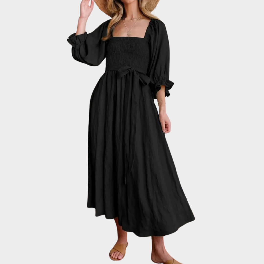 Women's A-Line Lantern Sleeve Dress – Square Neck – Tie Cord Waist – Ruffle Detail – Multiple Colours