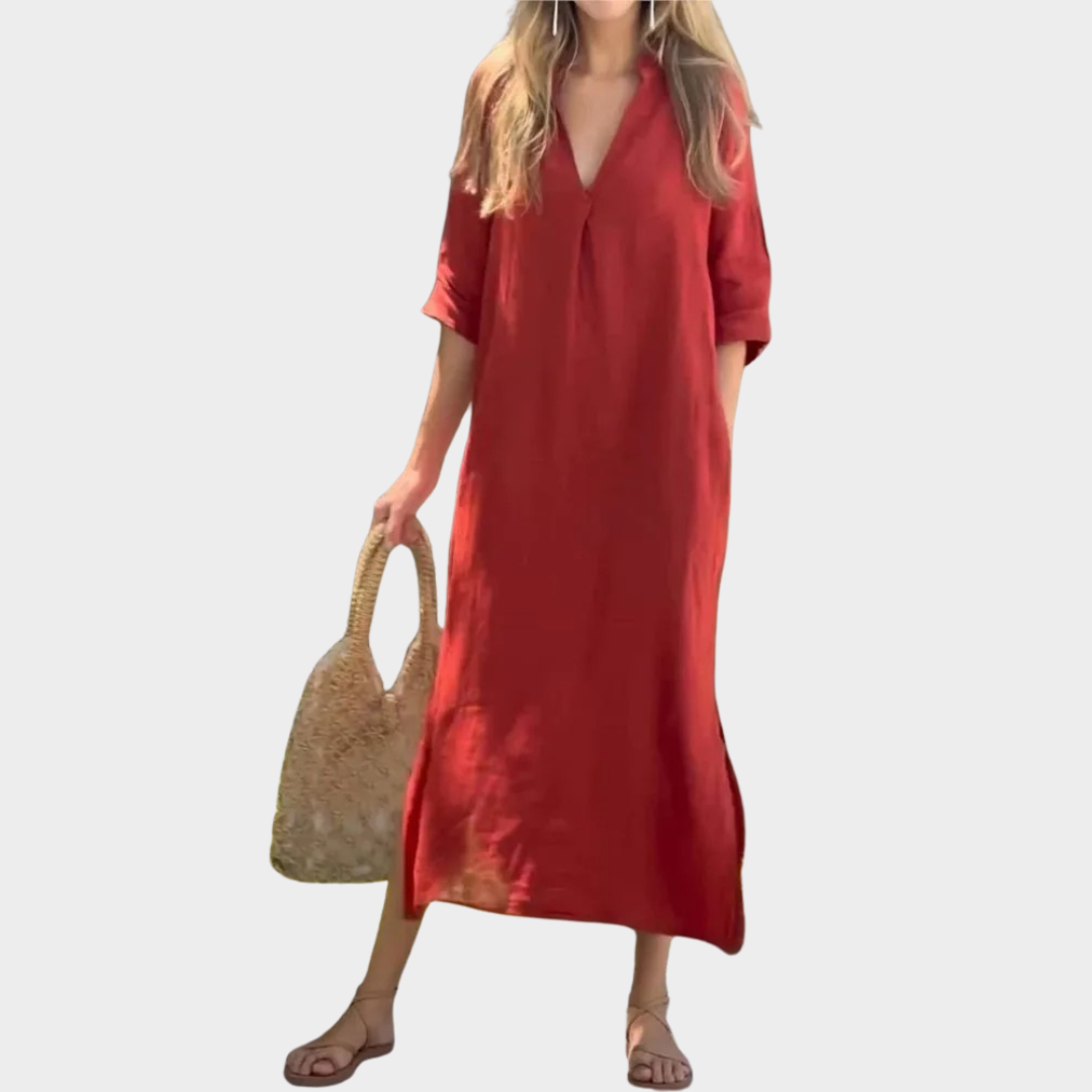 Women’s V-Neck Cotton Linen Dress – 7 Point Sleeve Side Slit Midi with Pockets – Lightweight Relaxed Fit Casual Style – Multiple Colours