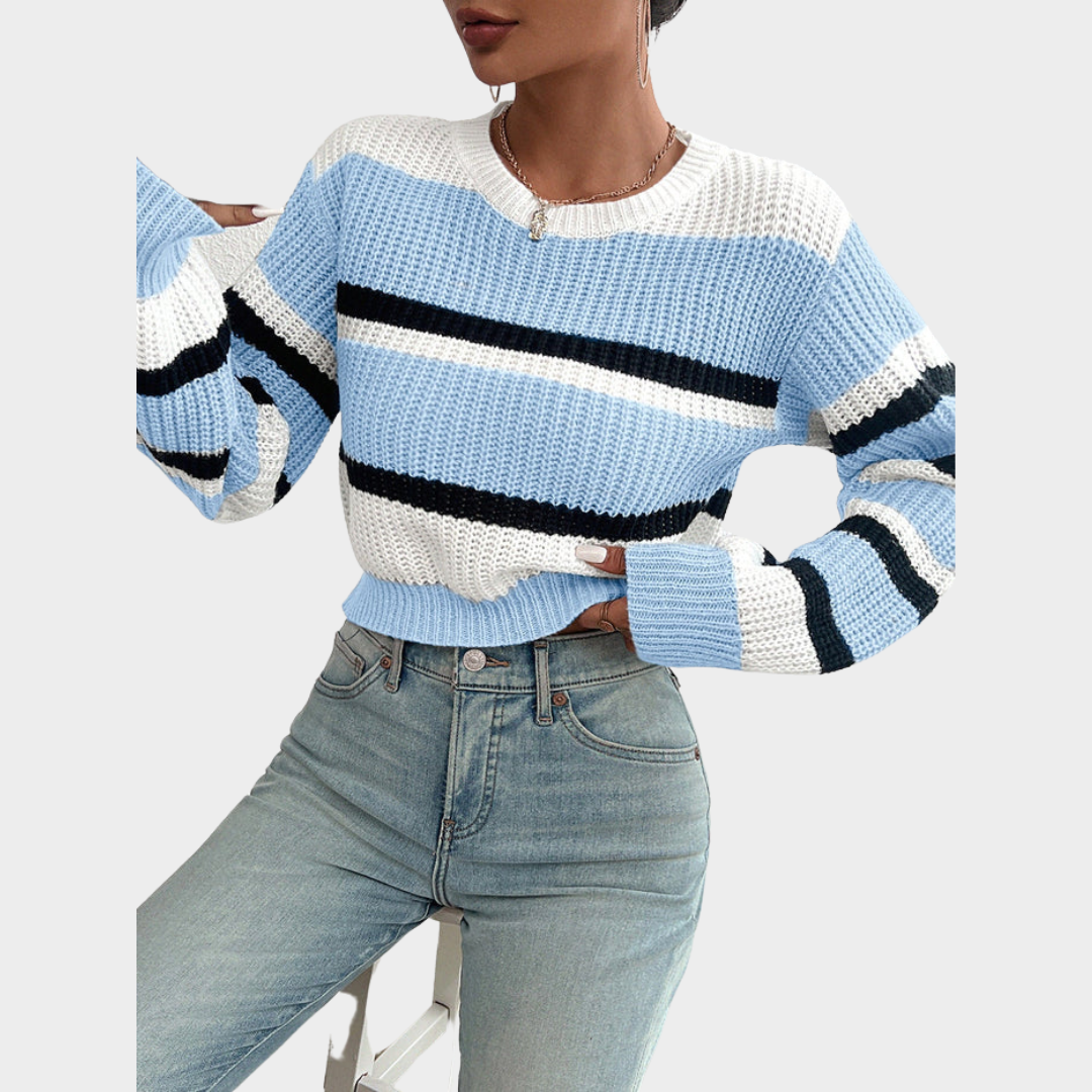 Women's Knitted Sweater – Loose Fit – Drop Shoulder – Round Neck – Color Block Design – Soft Acrylic – Multiple Colours