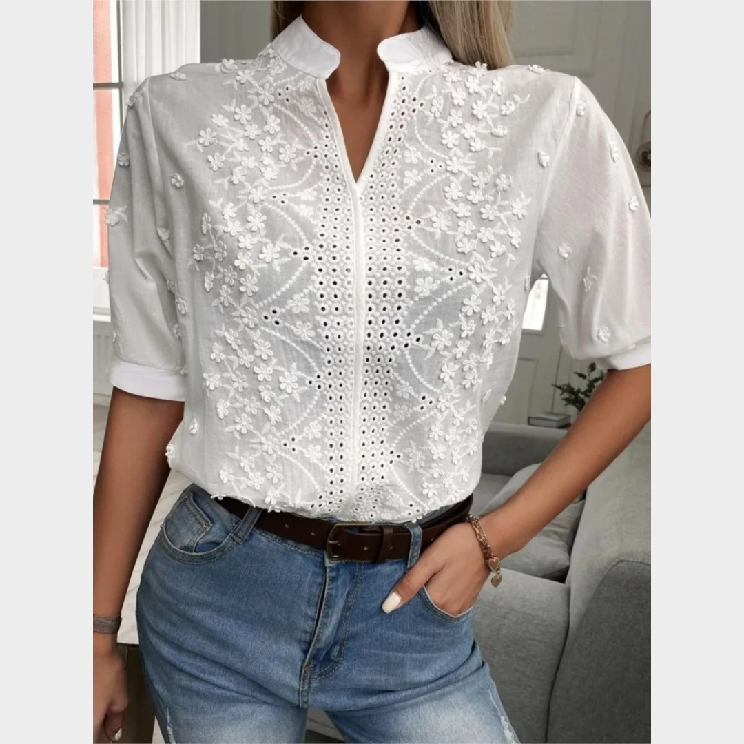 Women’s V-Neck Blouse – Short Sleeve Lace Top – Casual Elegant Fit – Lightweight Soft Fabric – White