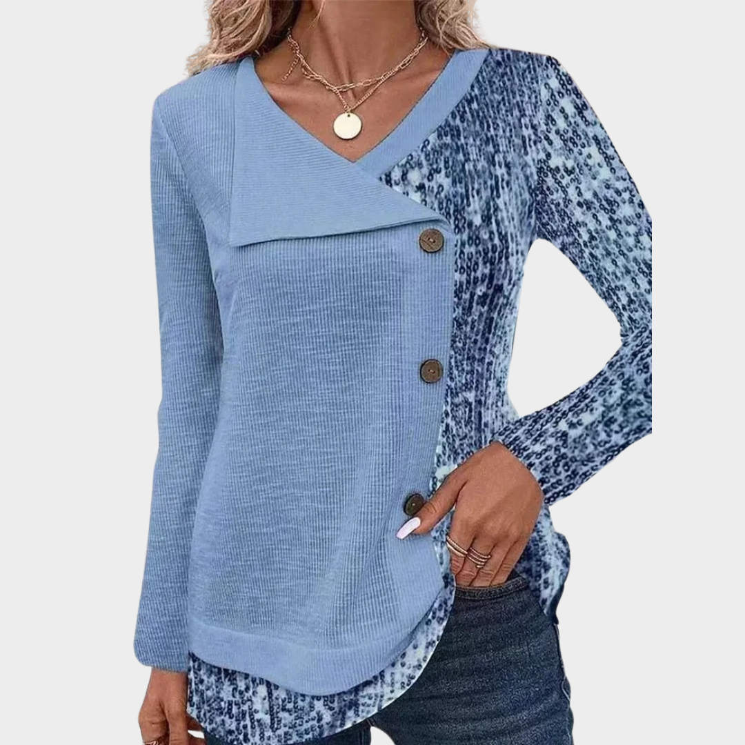 Women’s Asymmetric Button-Up Long Sleeve Top – Round Neck Party Shirt – Soft Printed Cotton Blend – Multiple Colours