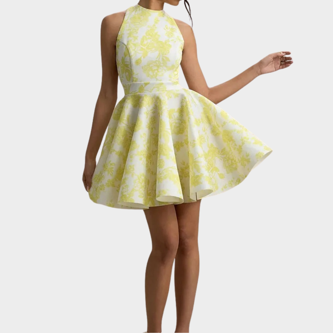 Women’s Mini Dress – A-Line Fit – Sleeveless – Floral Print – Hollow Out Backless Style – Yellow