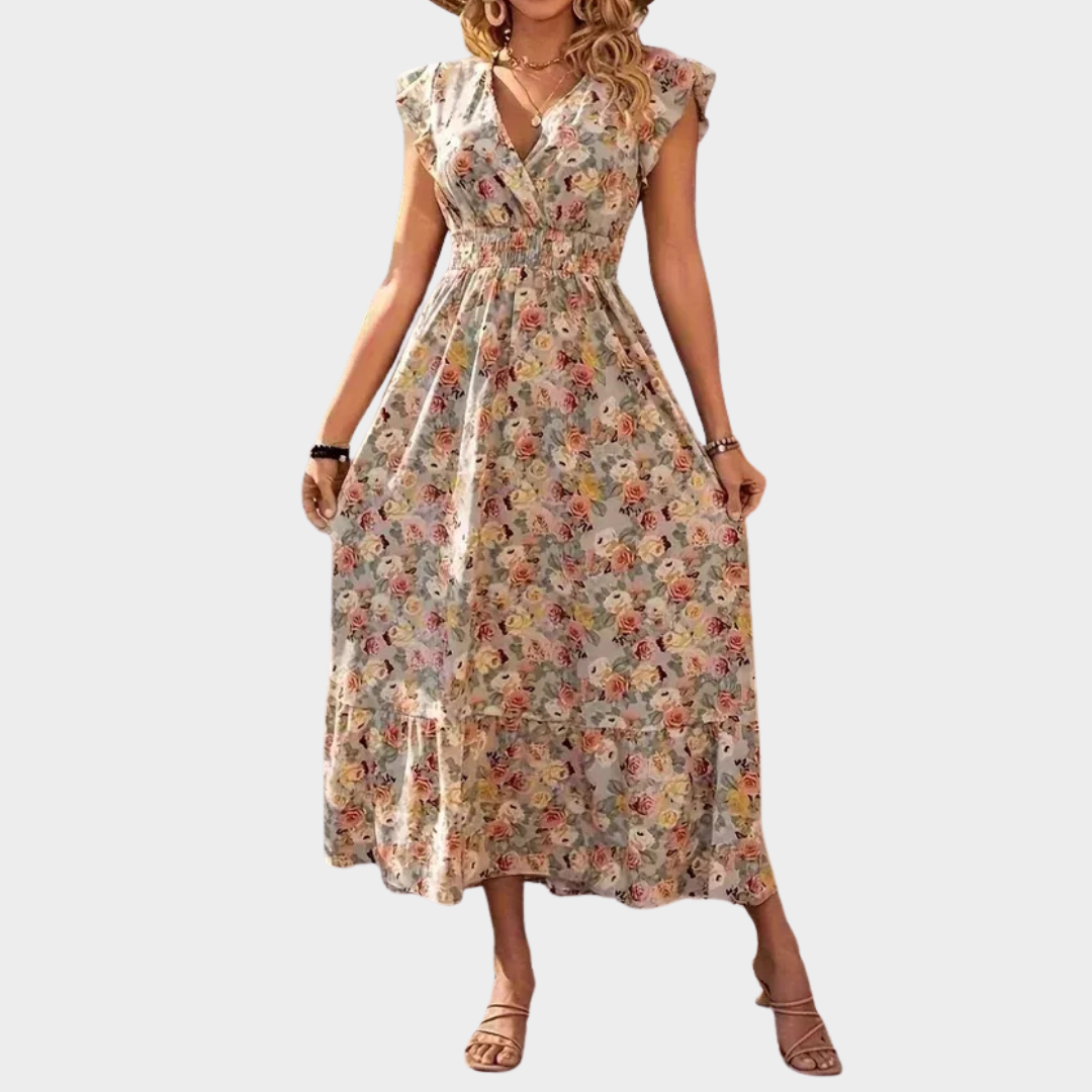 Women's Floral Print Maxi Dress – V-Neck Tiered Skirt with Flutter Sleeves in Cotton Blend – Multiple Colours