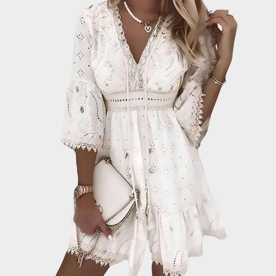 Women's Elegant Hollow Lace Mini Dress – V-Neck – Three-Quarter Sleeve – Patchwork Lace – Multiple Colours