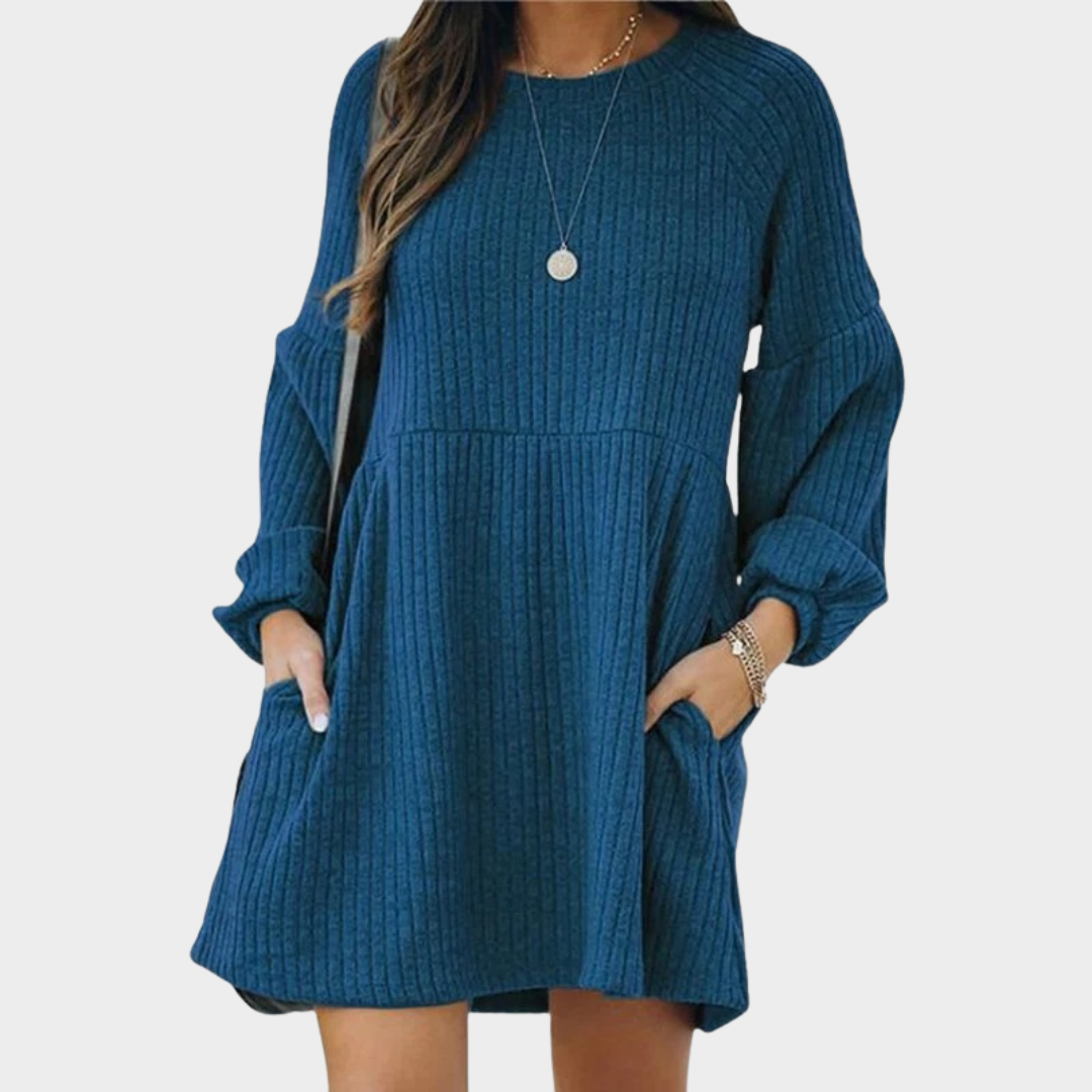Women Knitted A Line Dress – O Neck Lantern Sleeve Ribbed Mini Dress – Loose Hem Casual Fit – Multiple Colours