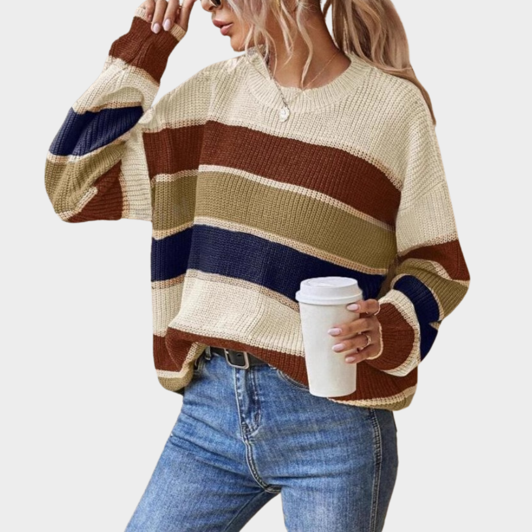 Women Striped Oversized Knitted Sweater – Vintage Harajuku Loose Fit Pullover Top with O Neck Casual Streetwear Style – Multiple Colours