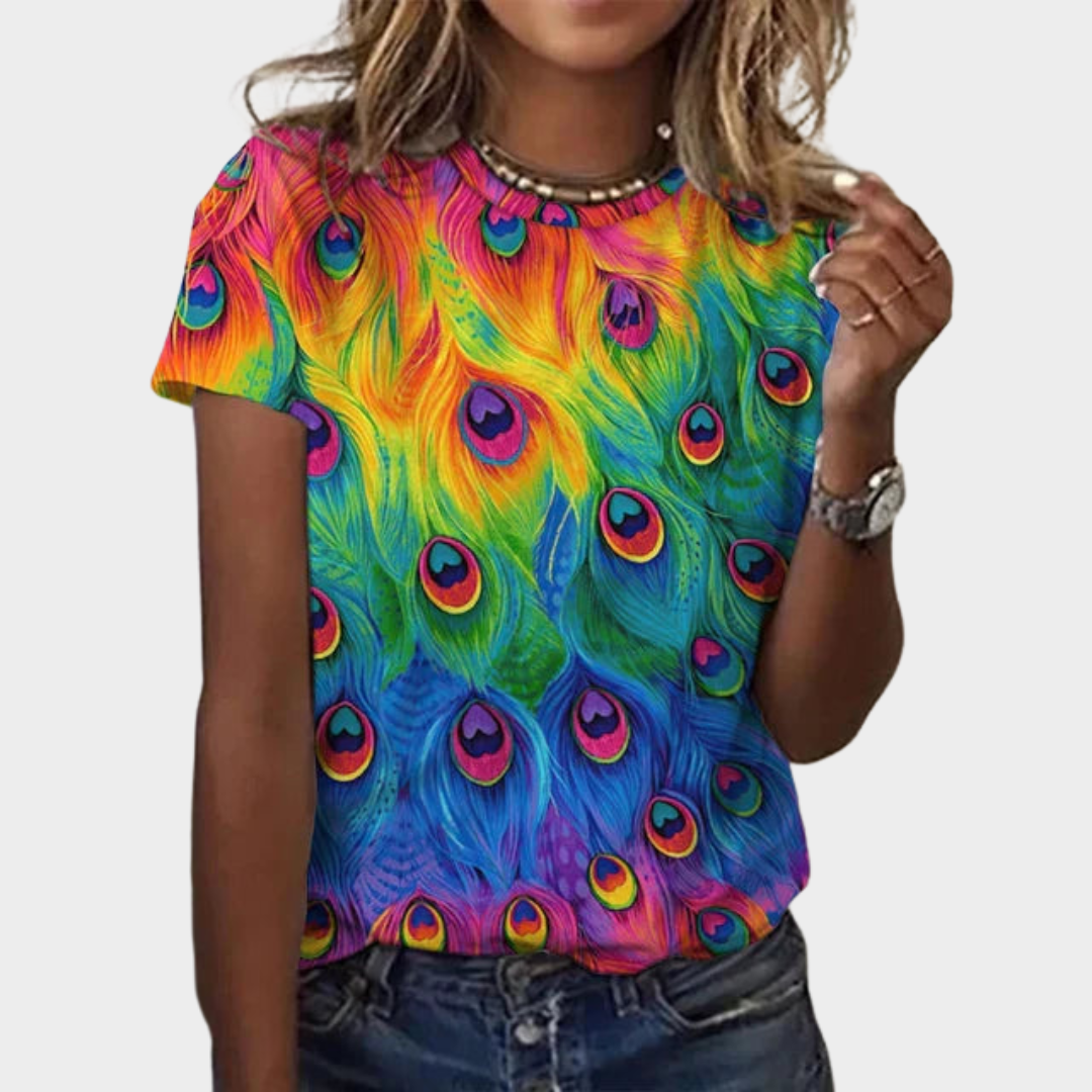 Women’s 3D Peacock Feather Print T-Shirt – Round Neck Casual Short Sleeve Graphic Tee – Lightweight Relaxed Fit – Multiple Colours