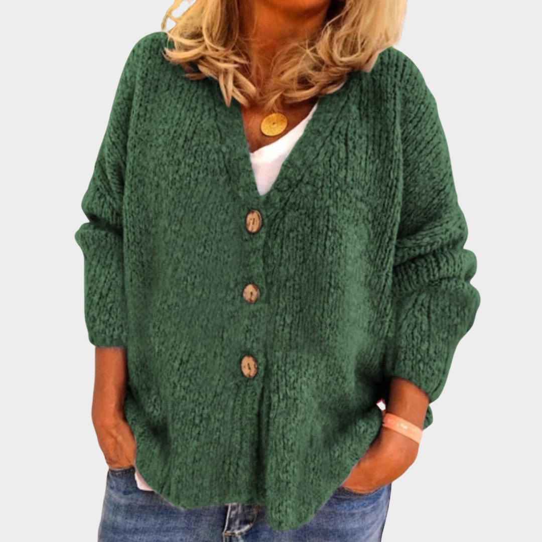 Women's Cardigan – Chunky Knit Relaxed Fit V-Neck Button Front Balloon Sleeve – Multiple Colours