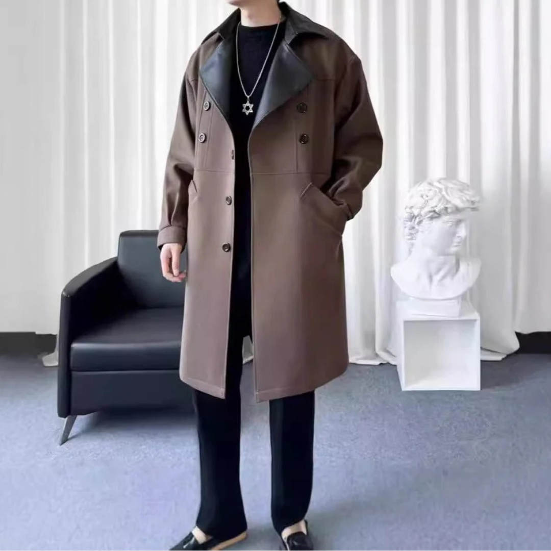 Men Long Coat – Wool Blend Relaxed Fit Double Breasted Notch Lapel Contrast Collar – Multiple Colours