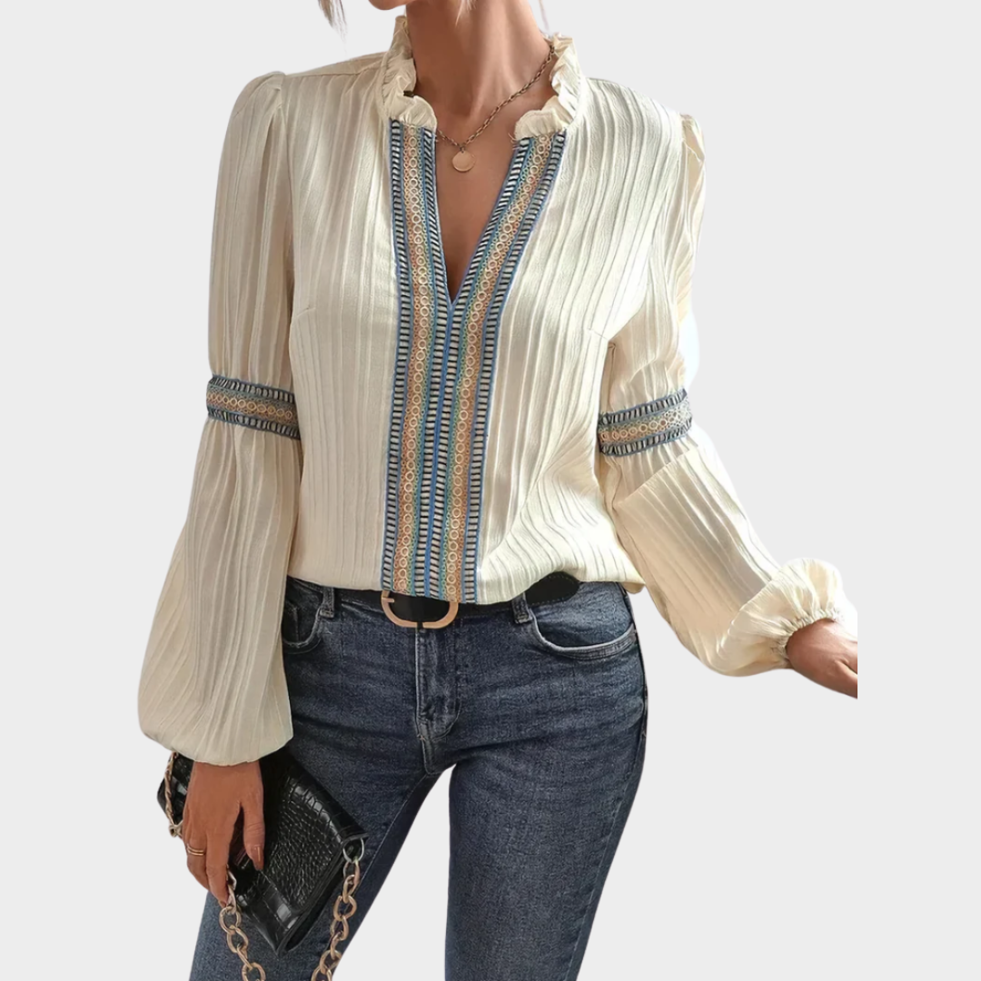 Women's V-Neck Blouse – Bubble Sleeve Shirt – Color Blocked Party Top – Apricot