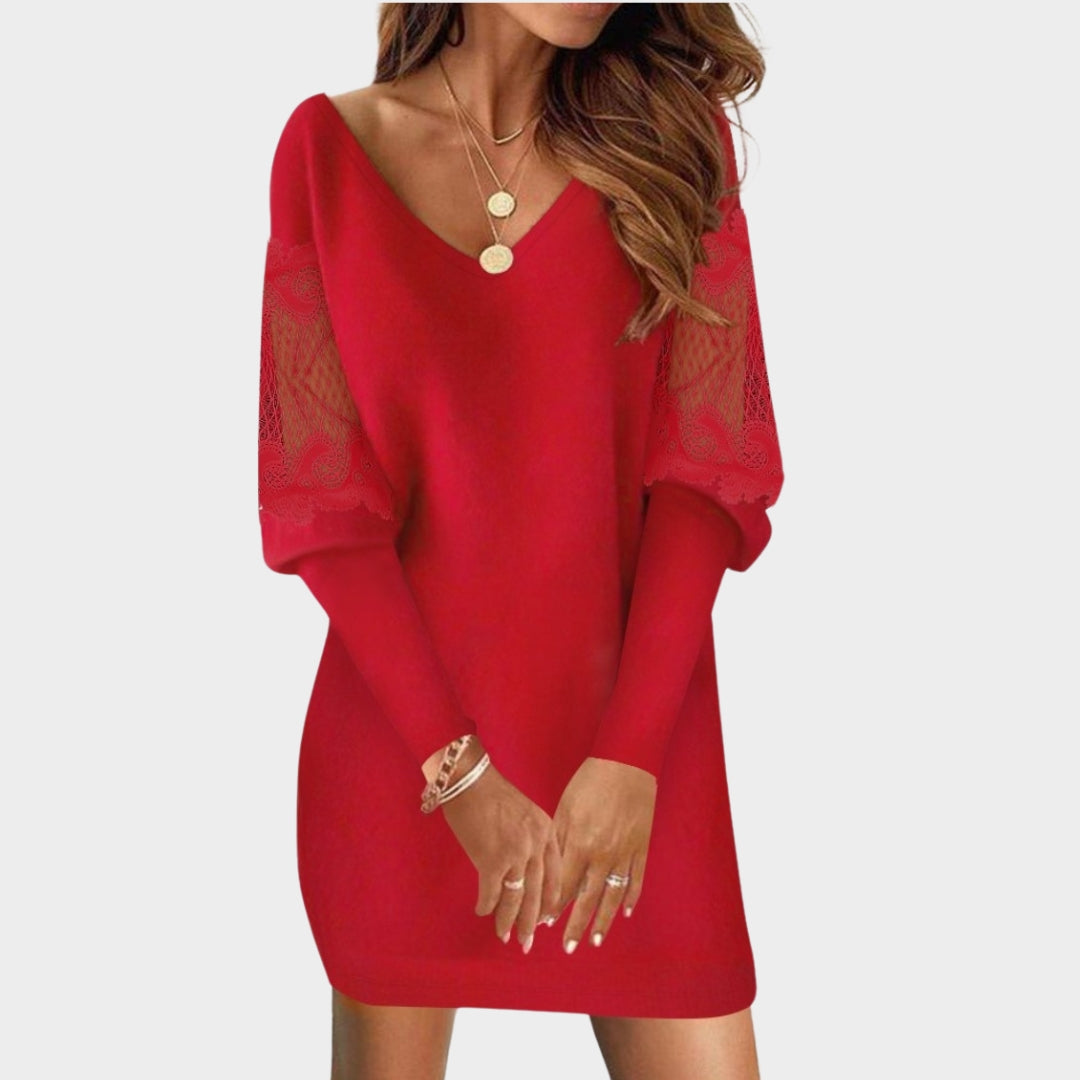 Women’s V-Neck Lace Patchwork Dress – Long Sleeve, Printed, Elegant Style, Mixed Colors