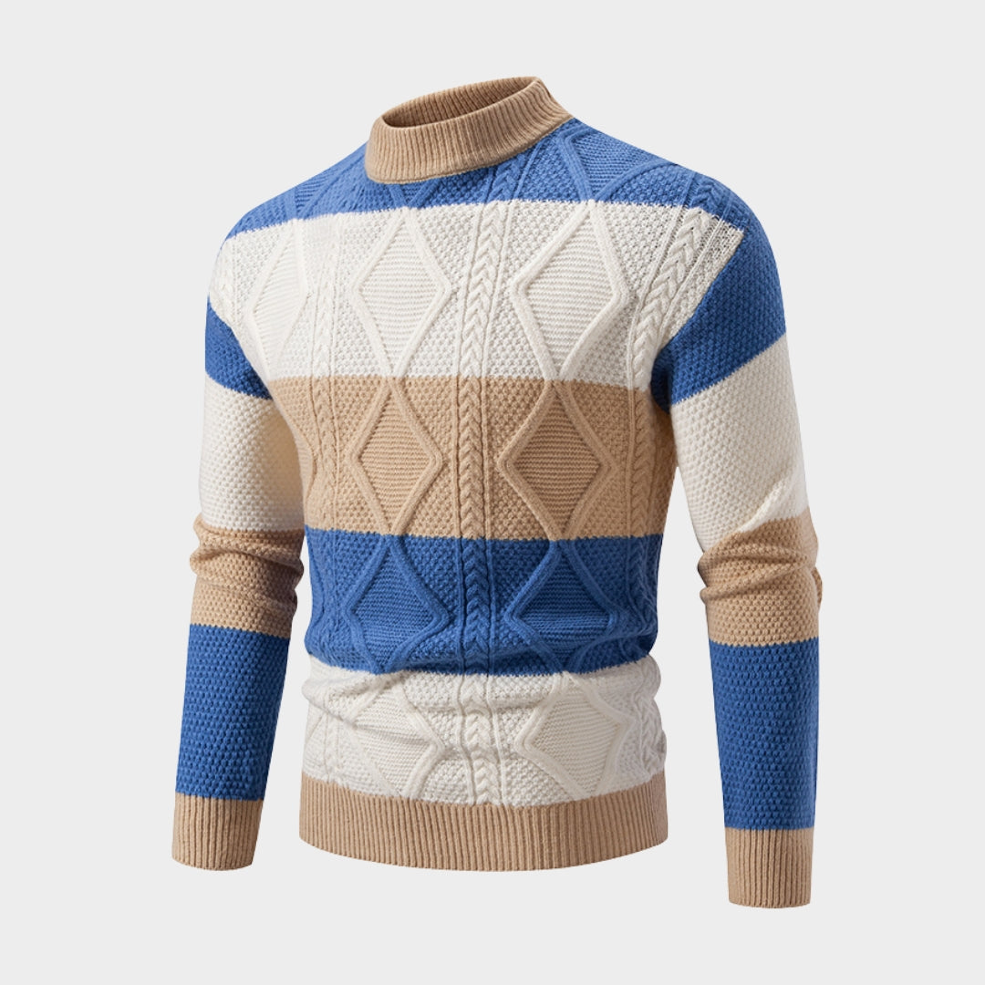 Men's Fashion Patchwork Knitted Sweater – Mock Neck Casual Sweater, Long Sleeve, Autumn Winter Style (Blue, Khaki, Green)