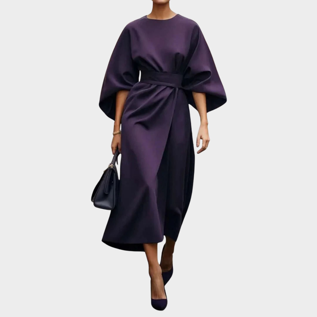 Women’s Elegant Belted Statement Dress – Cape Style Batwing Sleeves with Slim Waist Design – Multiple Colours