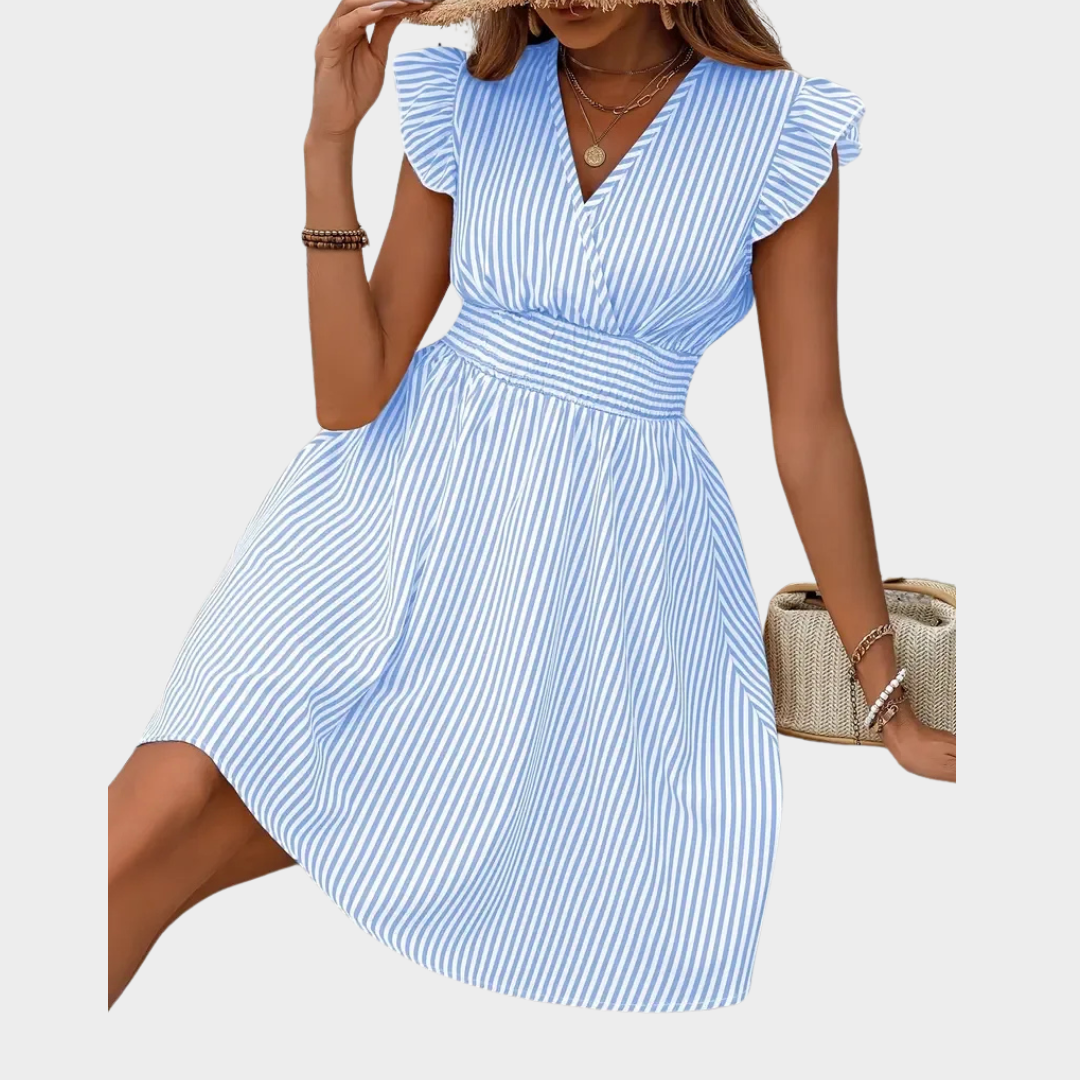 Women’s Printed V-Neck A-Line Dress – High Waist Fit with Ruffle Sleeves and Pleated Skirt – Lightweight Polyester – Multiple Colours