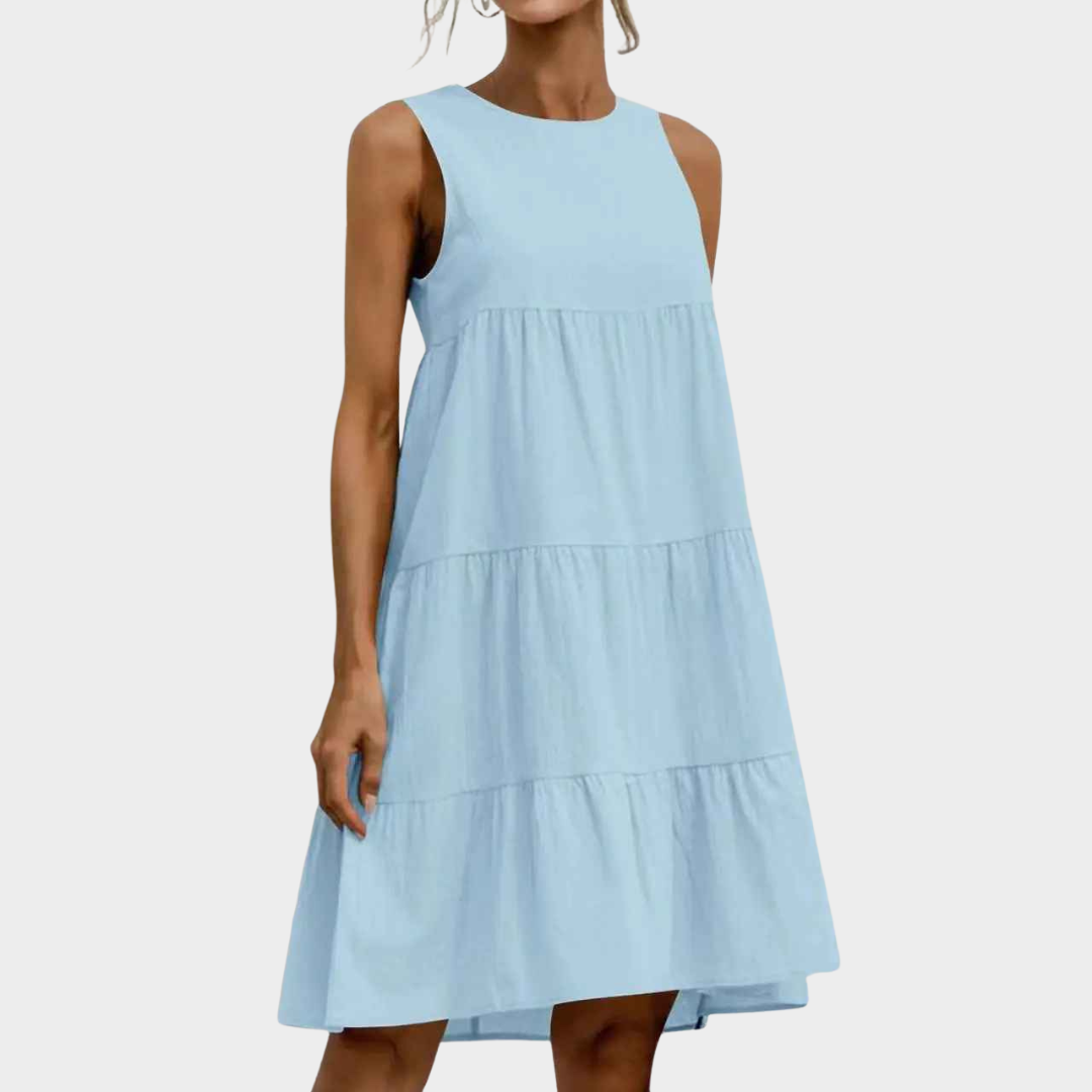 Women Sleeveless Midi Dress – Cotton Linen Loose Fit with Round Neck and Patchwork Design – Multiple Colours