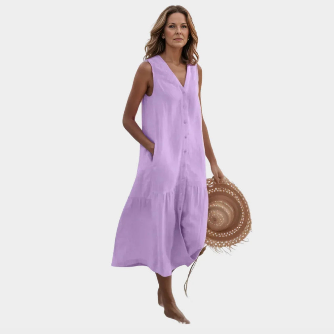 Women's Sleeveless Summer Dress – V-Neck Button-Down Swing Style with Pocket (Purple, Green, Orange, and More)