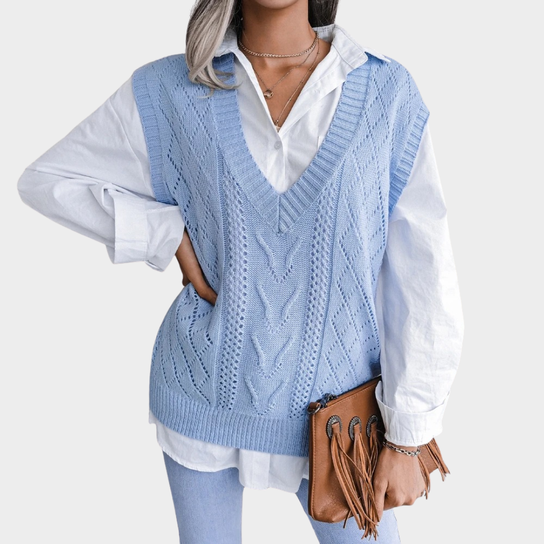 Women Knitted Vest – Relaxed Fit Cable Knit V-Neck Hip Length Layering Piece – Multiple Colours