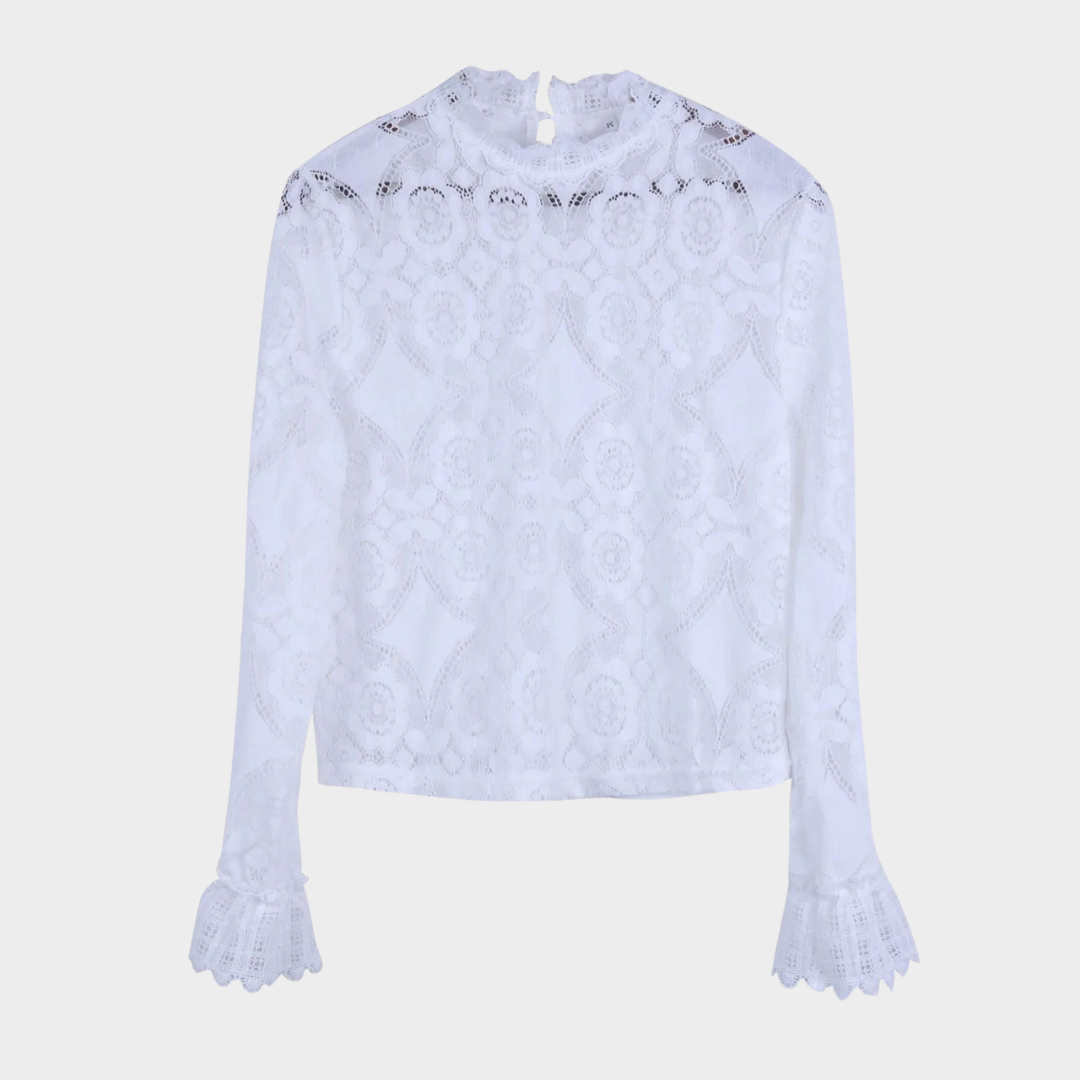 Women's Casual Lace Shirt – Stand-Up Collar – Long-Sleeved – See-Through – White