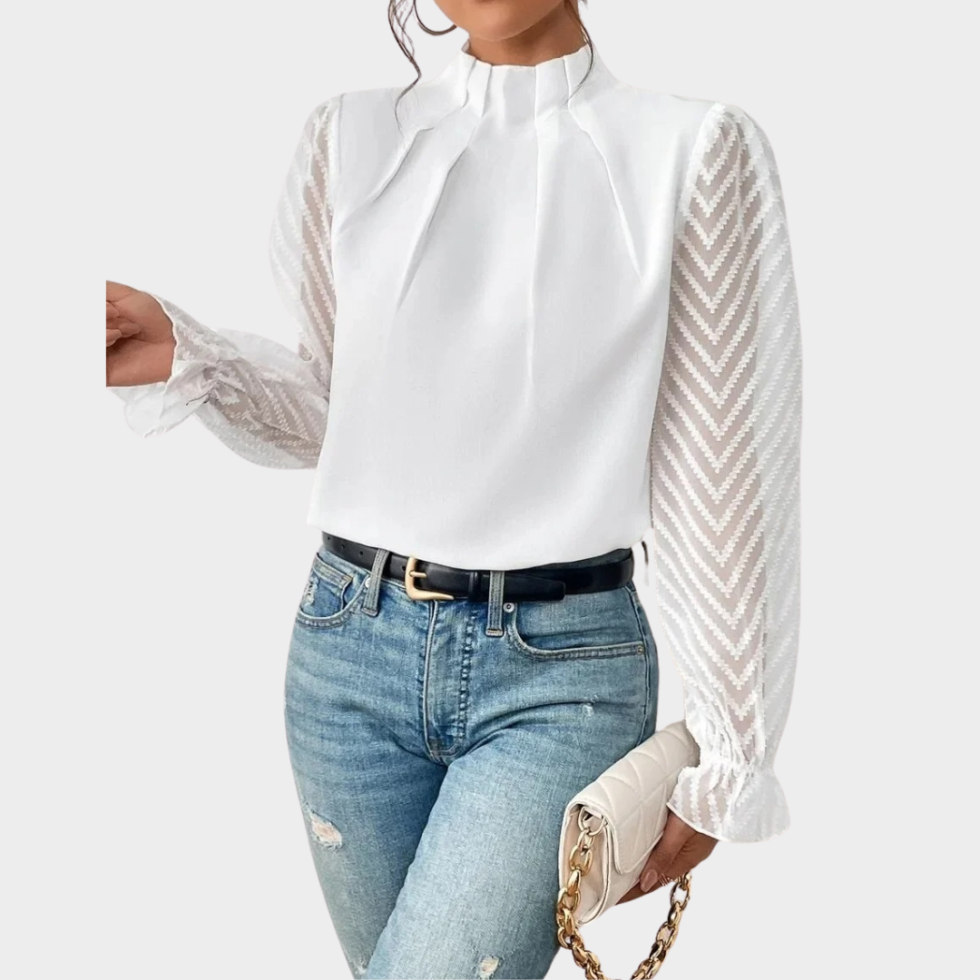 Women’s Relaxed Fit Blouse – High Neck with Sheer Sleeves – Soft Breathable Blend – Elegant Casual Style – Multiple Colours