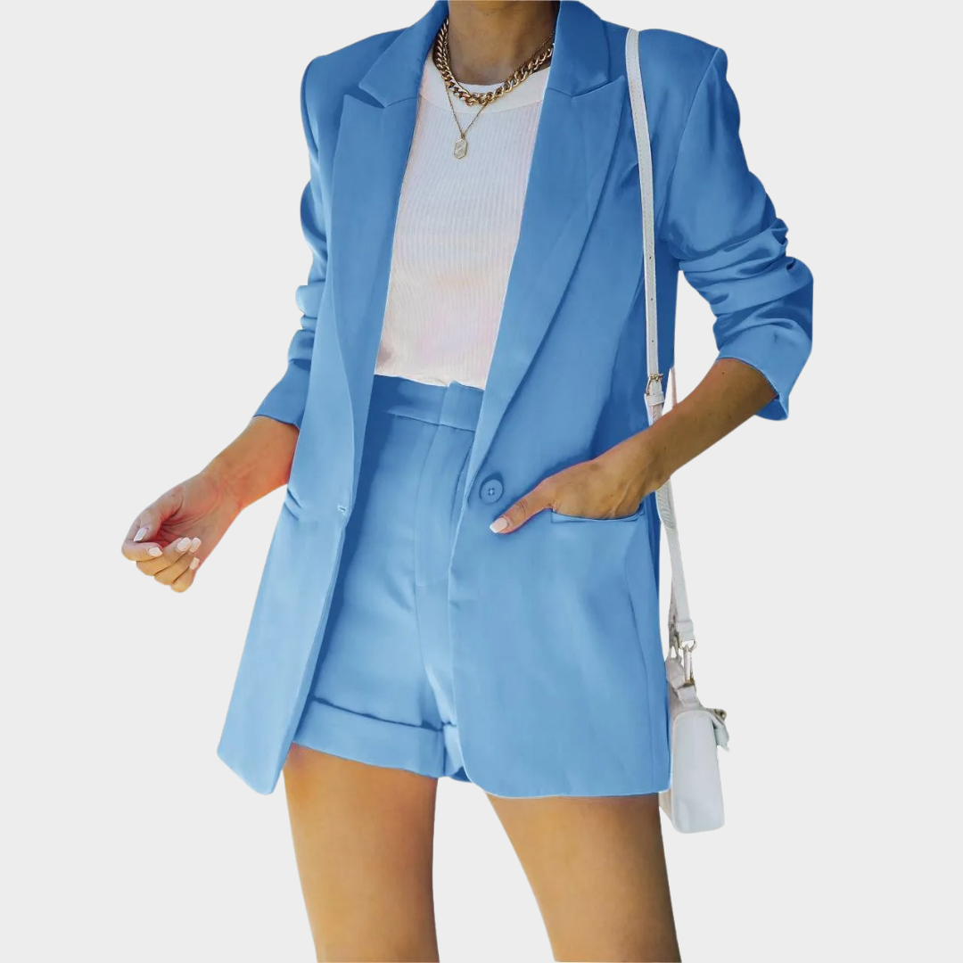 Women’s Two-Piece Suit Set – Long Sleeve Blazer and Shorts – Tailored Casual Fit – Lightweight Fabric – Multiple Colours