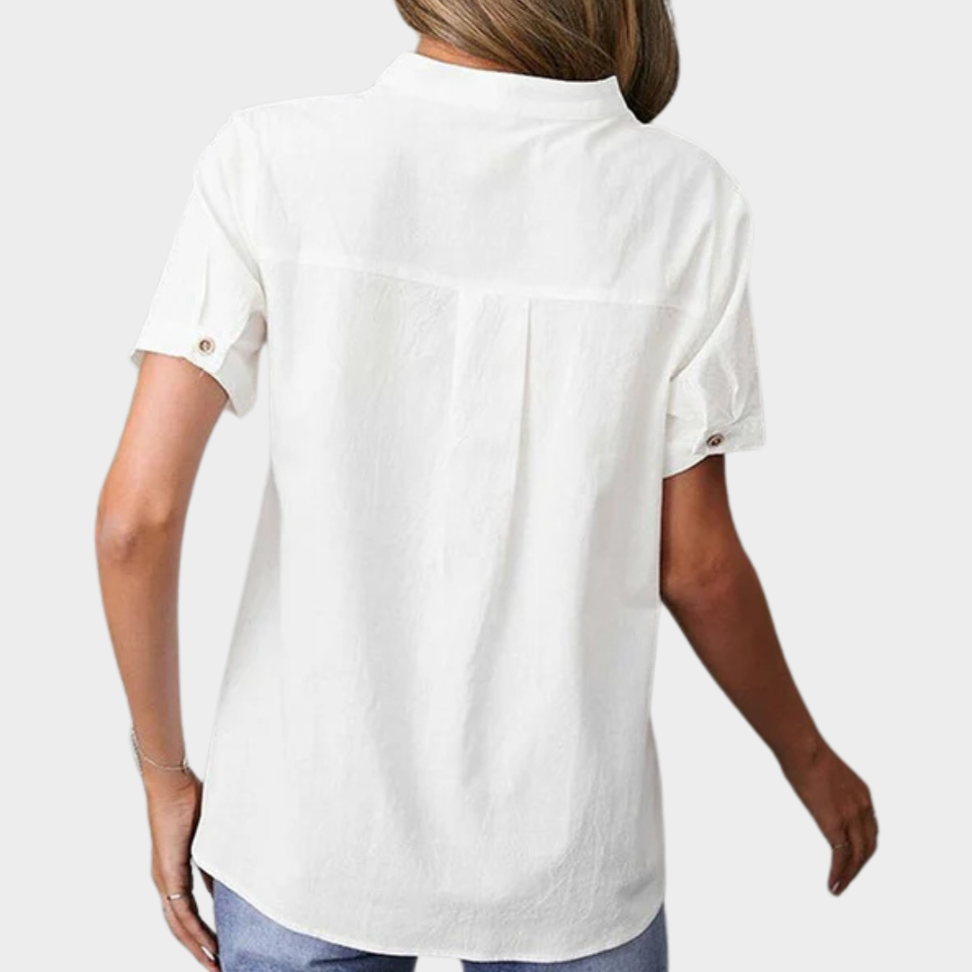 Women's Casual Blouse – Short Sleeve Stand Collar Button Top – Cotton-Polyester Blend – White