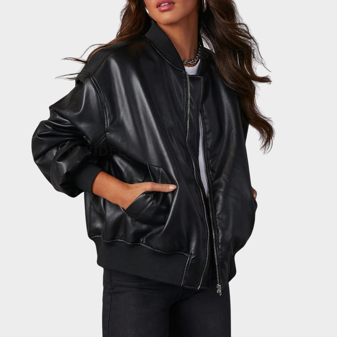 Women’s Relaxed Fit Bomber Jacket – Leather Look Zip Front Outerwear with Ribbed Trim – Multiple Colours